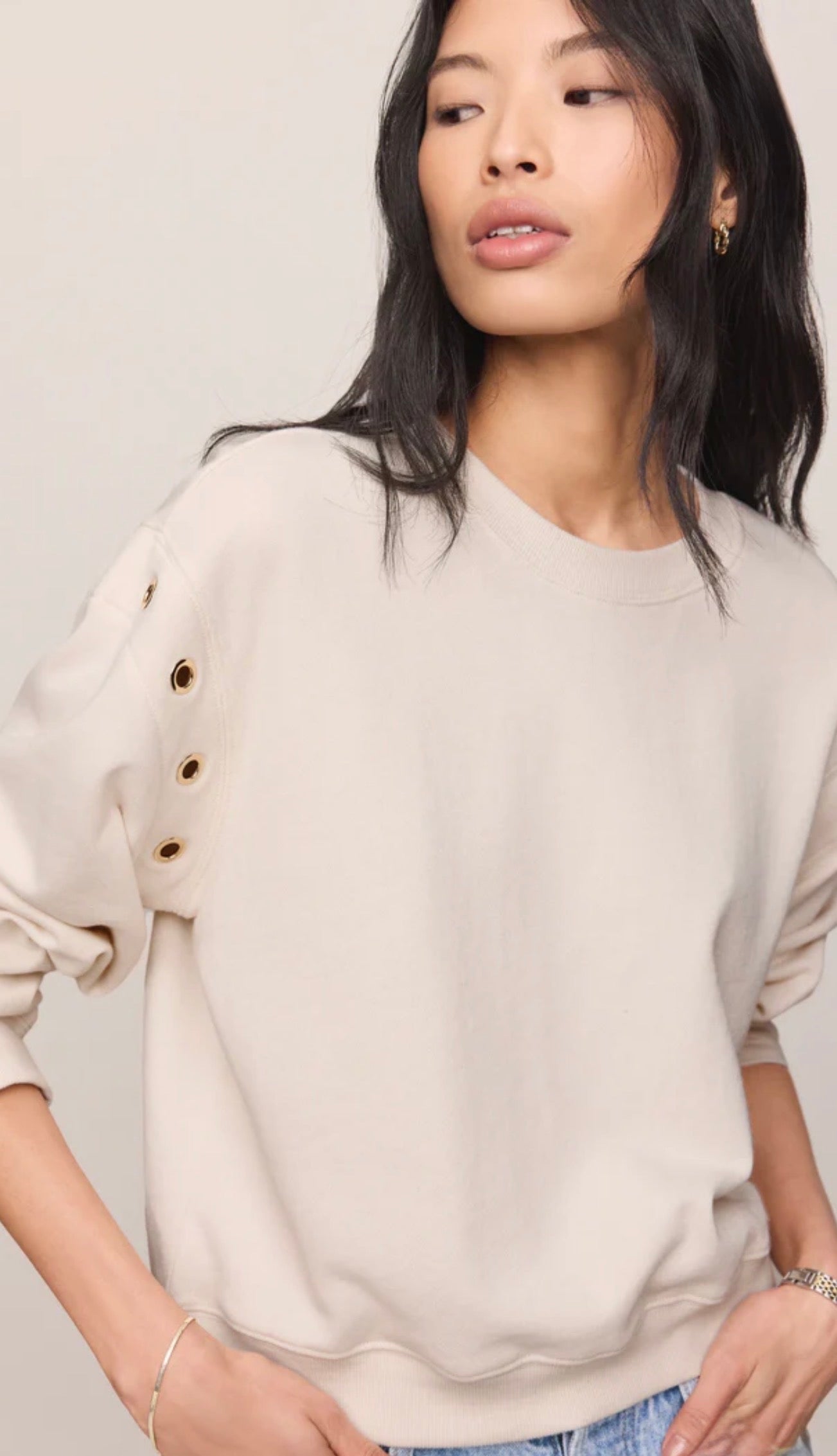 AXEL GROMMET SWEATSHIRT - Sandstone-Casual Tops- Hometown Style HTS, women's in store and online boutique located in Ingersoll, Ontario