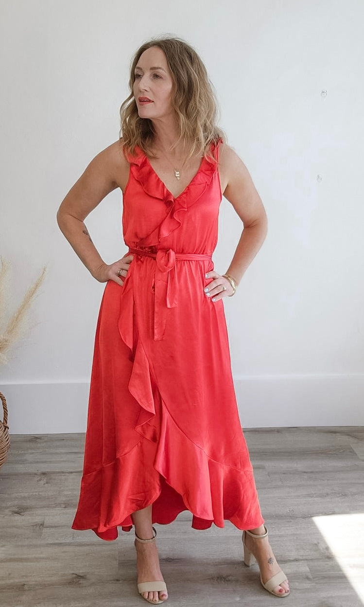 Ruffled Satin Wrap Maxi Dress - Coral Red-Dresses- Hometown Style HTS, women's in store and online boutique located in Ingersoll, Ontario