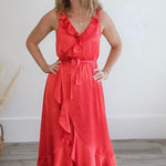 Ruffled Satin Wrap Maxi Dress - Coral Red-Dresses- Hometown Style HTS, women's in store and online boutique located in Ingersoll, Ontario