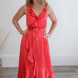 Ruffled Satin Wrap Maxi Dress - Coral Red-Dresses- Hometown Style HTS, women's in store and online boutique located in Ingersoll, Ontario