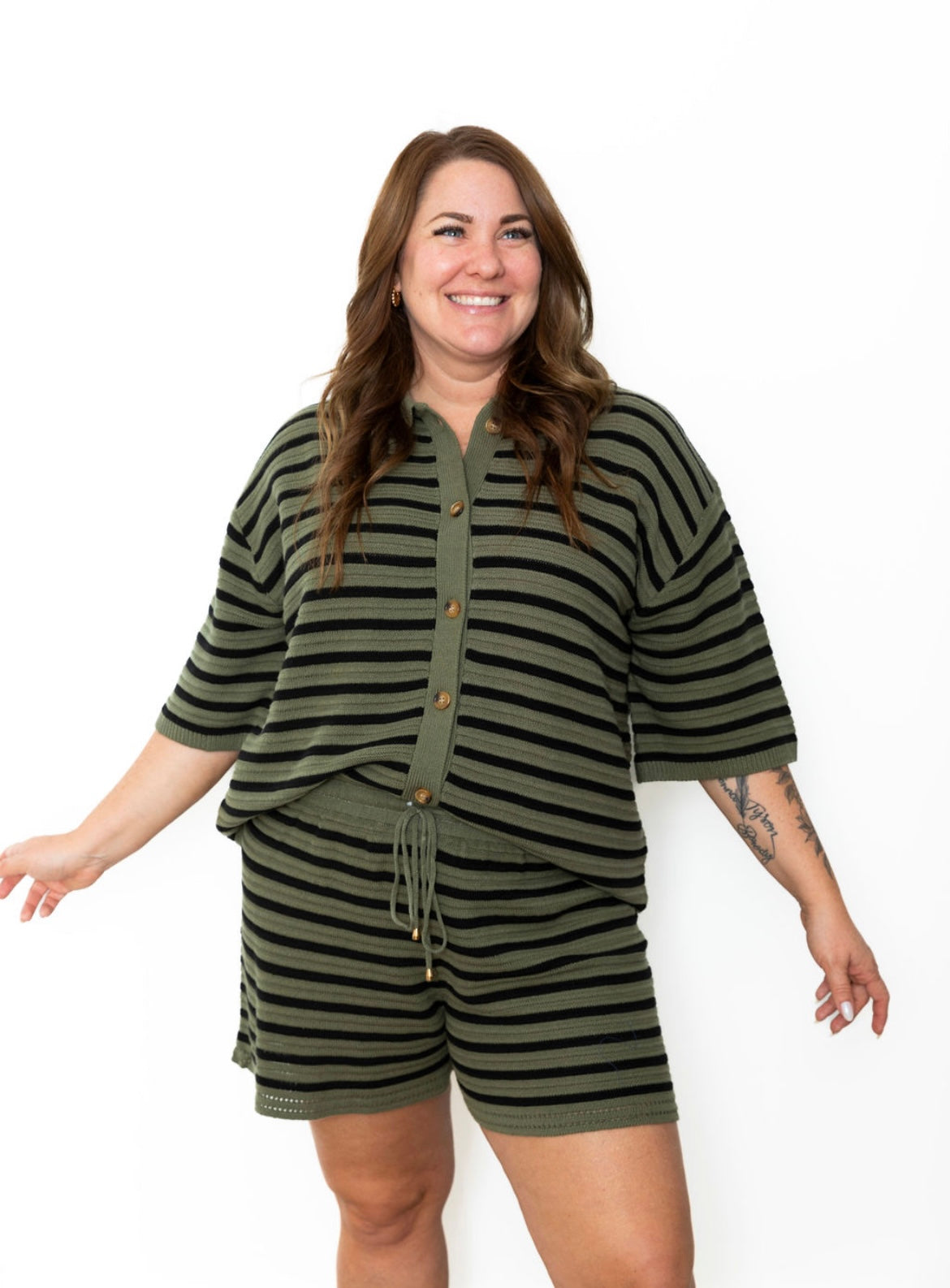 Striped Button Down Sweater Top - Olive-Tops- Hometown Style HTS, women's in store and online boutique located in Ingersoll, Ontario