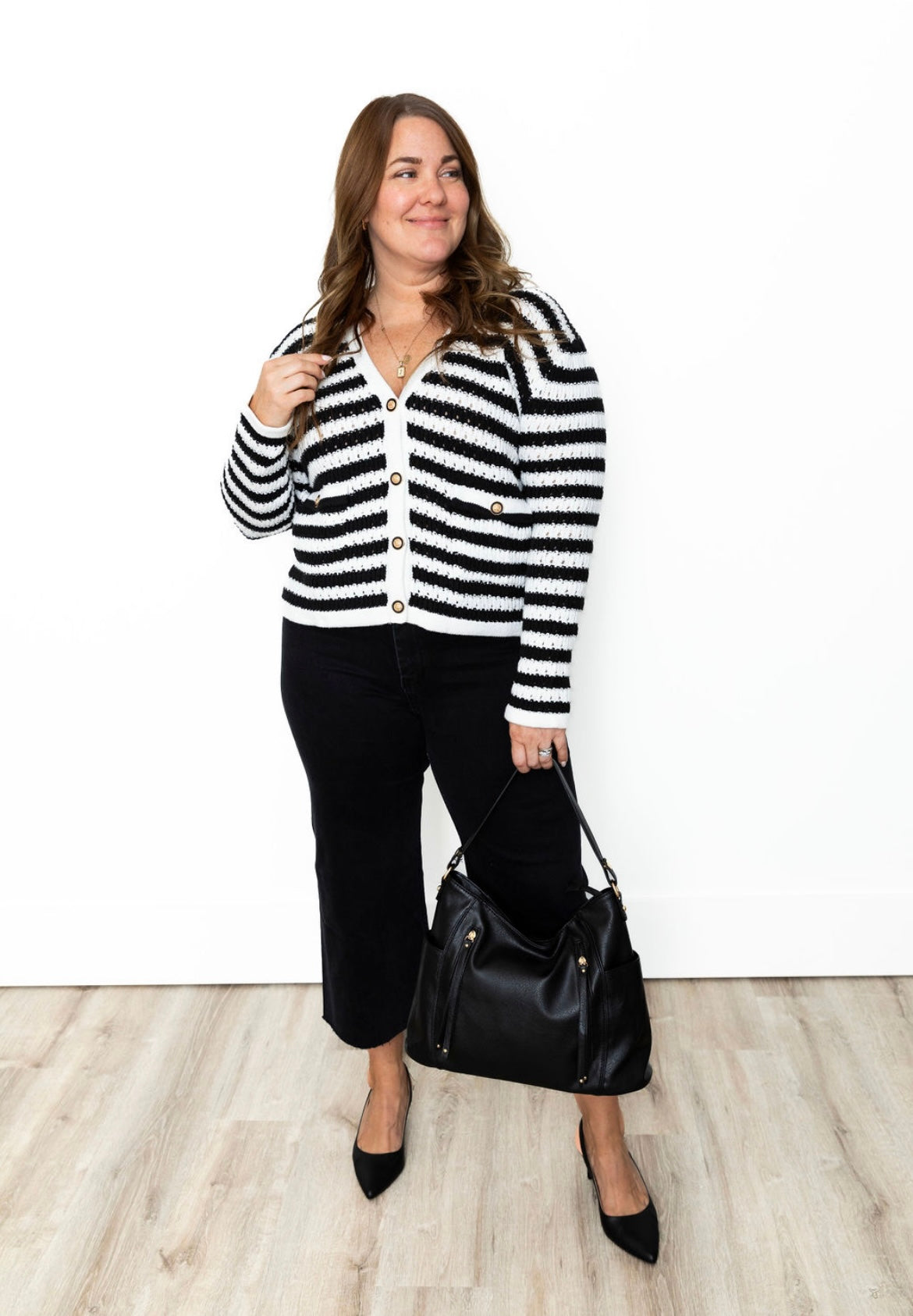 Striped Cardigan - Black-cardigan- Hometown Style HTS, women's in store and online boutique located in Ingersoll, Ontario