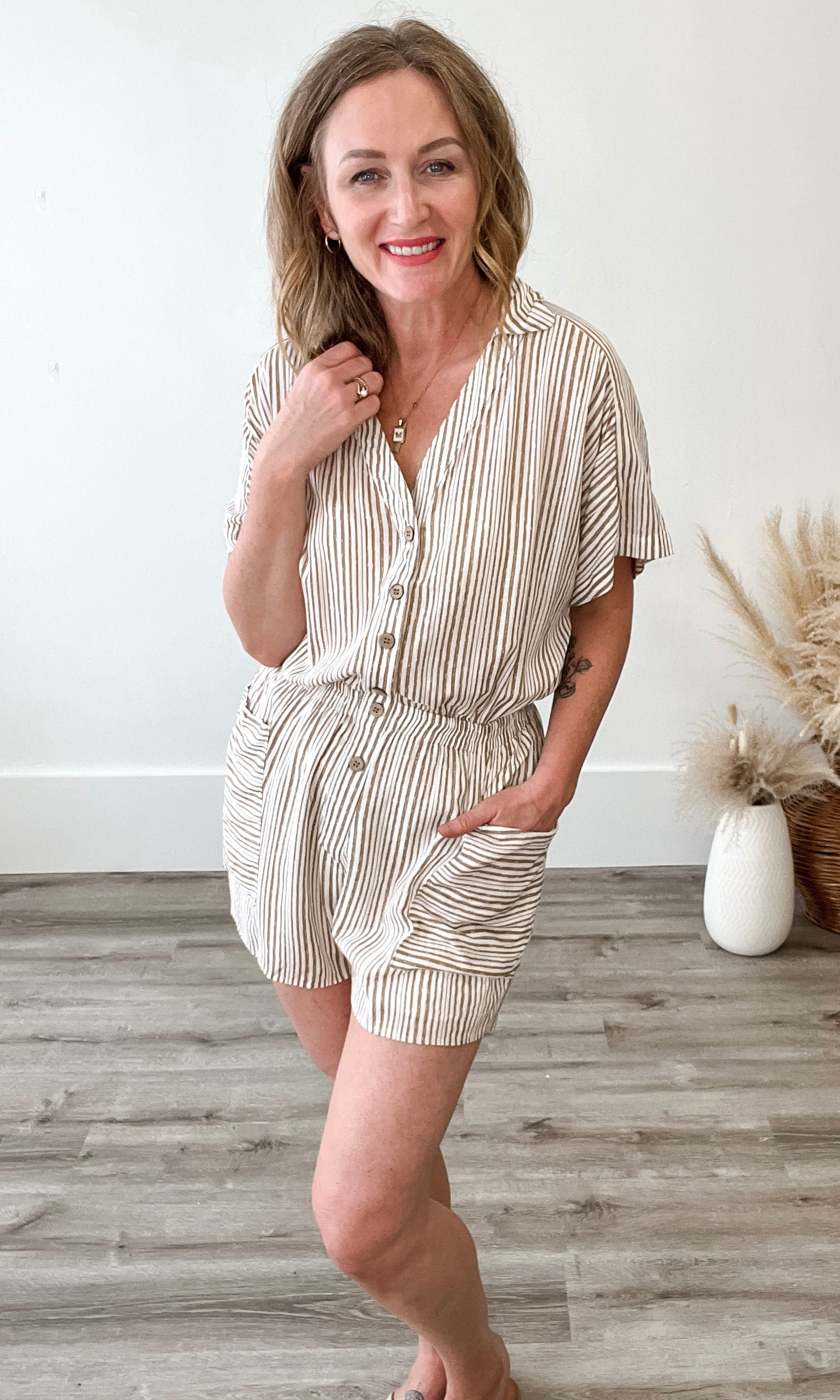 Striped Button Up Romper - Taupe-romper- Hometown Style HTS, women's in store and online boutique located in Ingersoll, Ontario