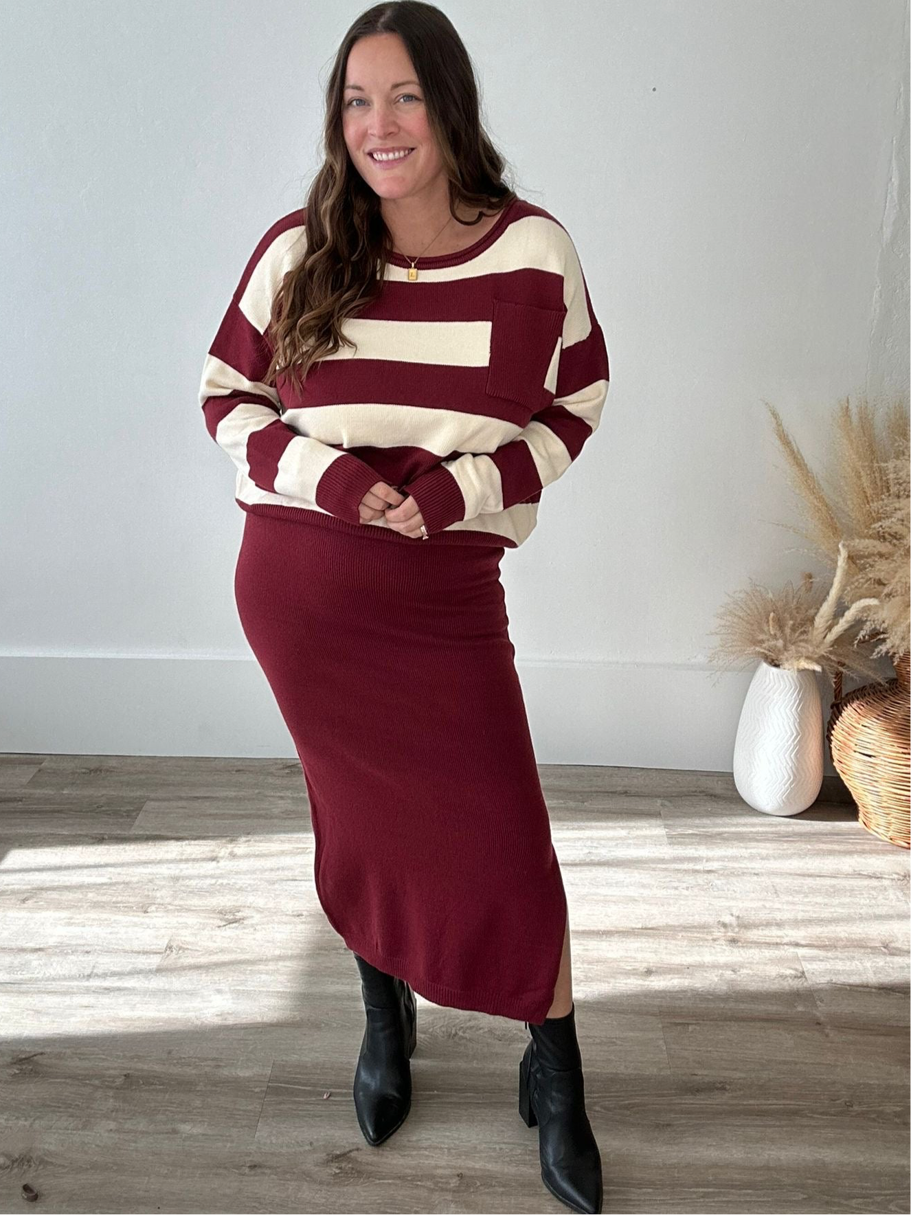 Striped Sweater & Knit Pencil Skirt - Burgundy-set- Hometown Style HTS, women's in store and online boutique located in Ingersoll, Ontario