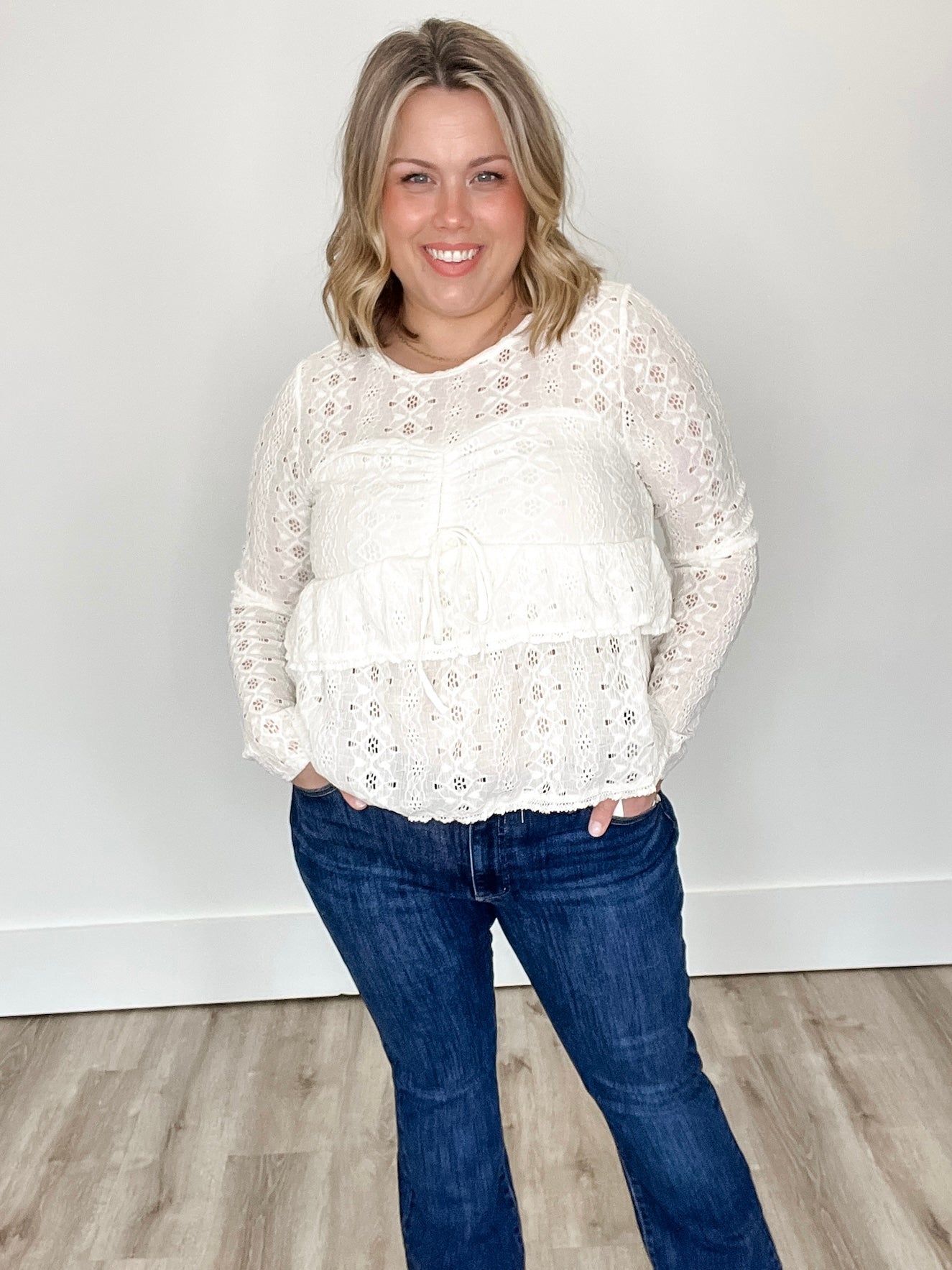 Cinched Crochet Long Sleeve Top - Cream-Tops- Hometown Style HTS, women's in store and online boutique located in Ingersoll, Ontario