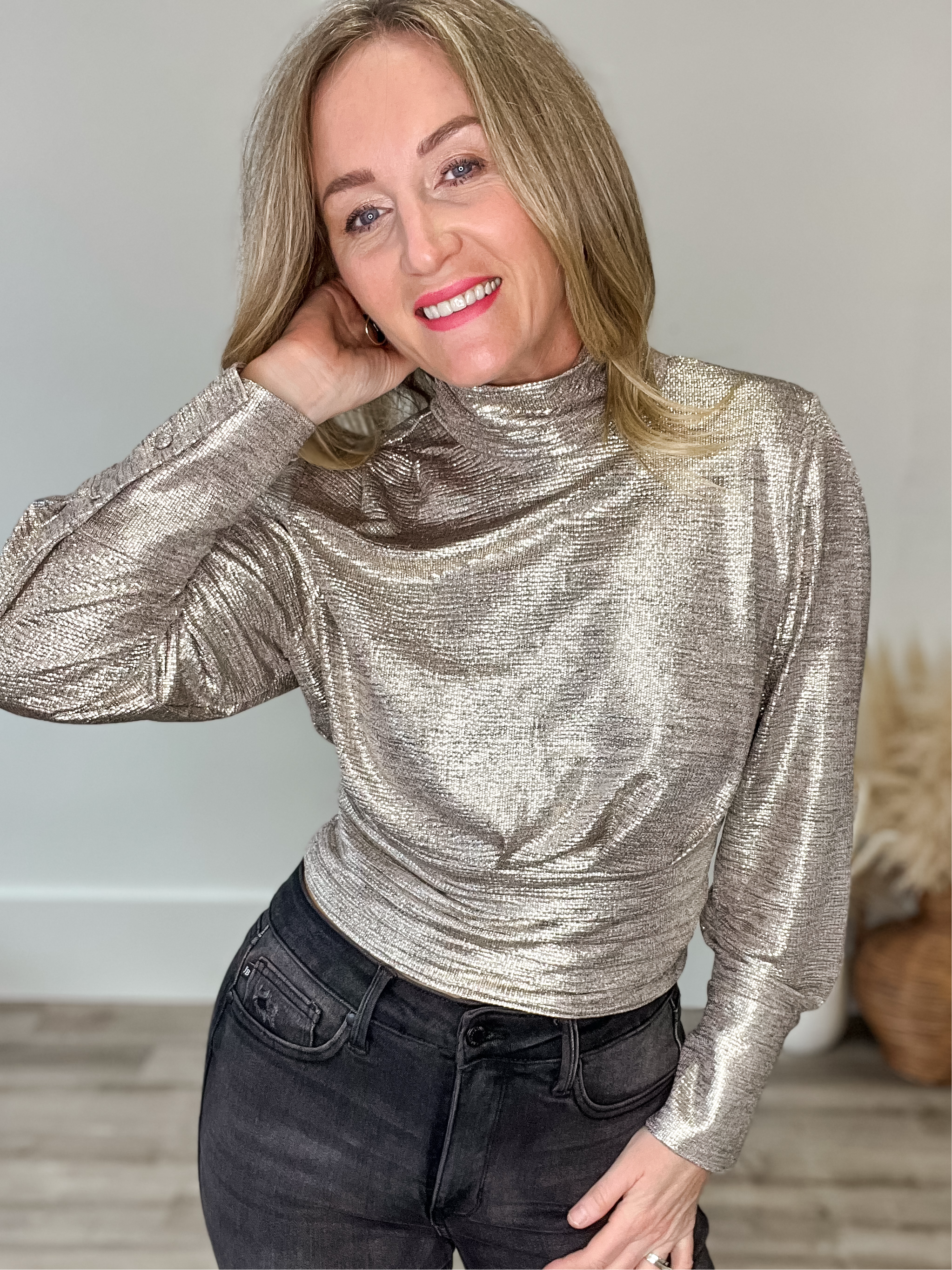 Gold Foil Mock Neck Top-blouse- Hometown Style HTS, women's in store and online boutique located in Ingersoll, Ontario