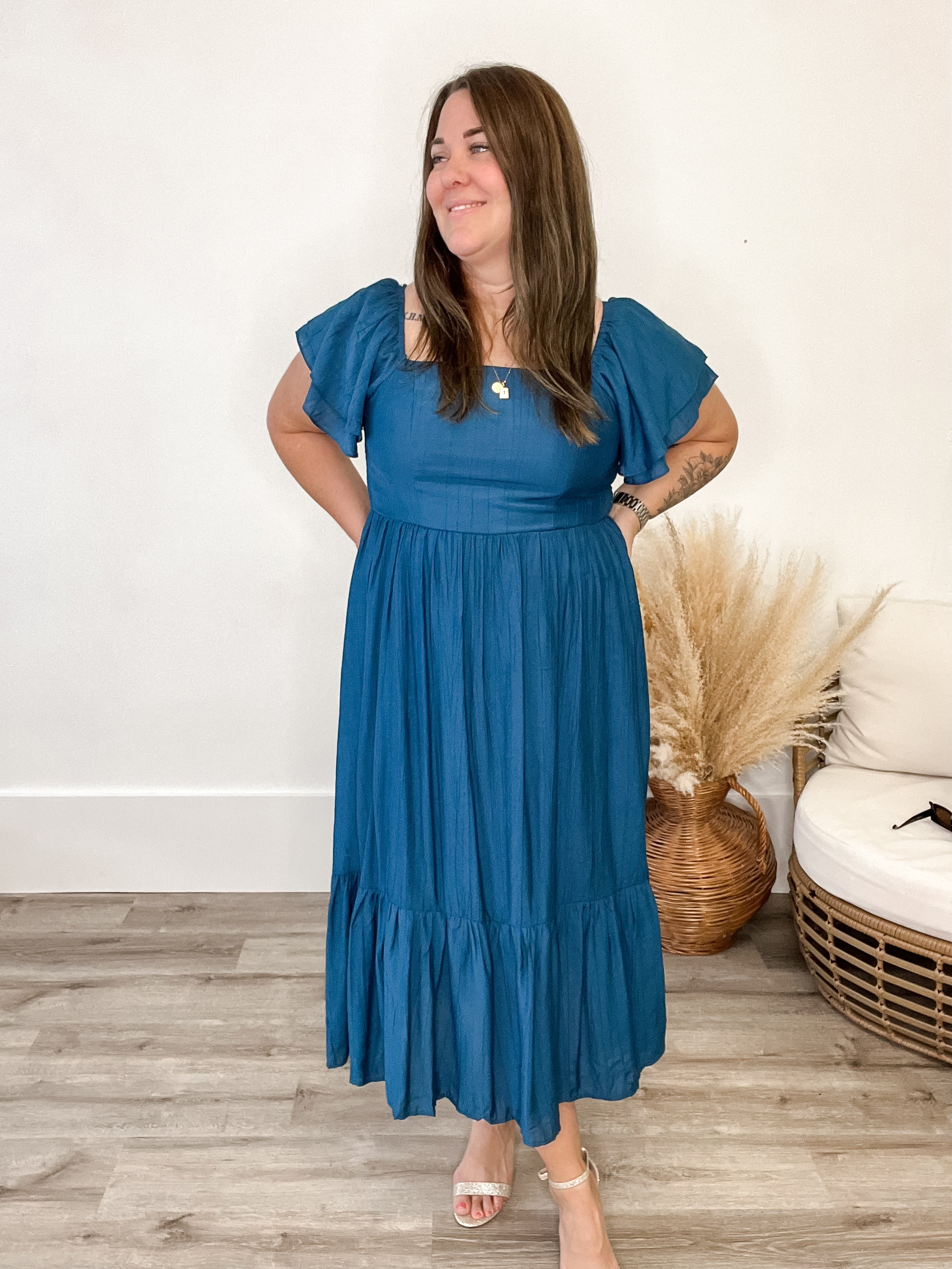 Ruffle Sleeve Maxi Dress - Blue-Dress- Hometown Style HTS, women's in store and online boutique located in Ingersoll, Ontario