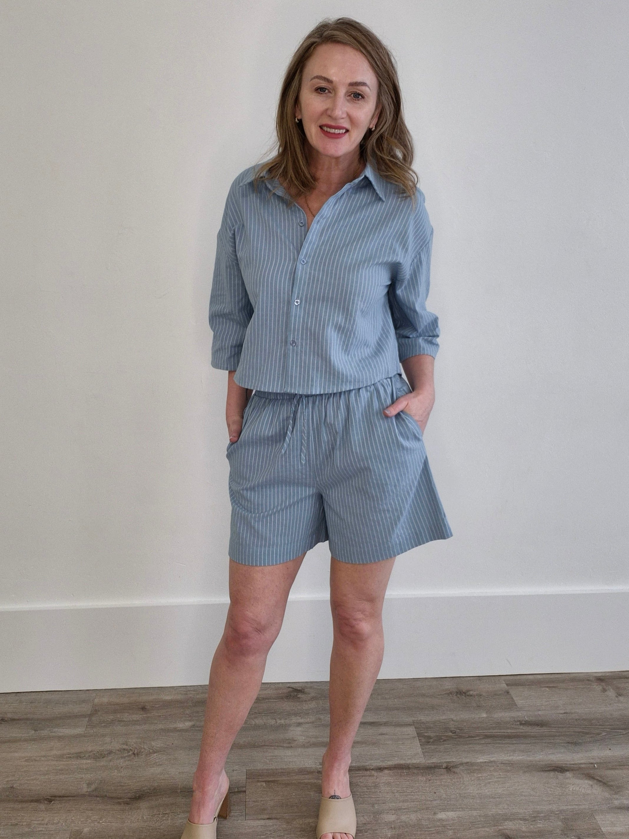Button Up Striped Blouse - Slate Blue-Casual Tops- Hometown Style HTS, women's in store and online boutique located in Ingersoll, Ontario