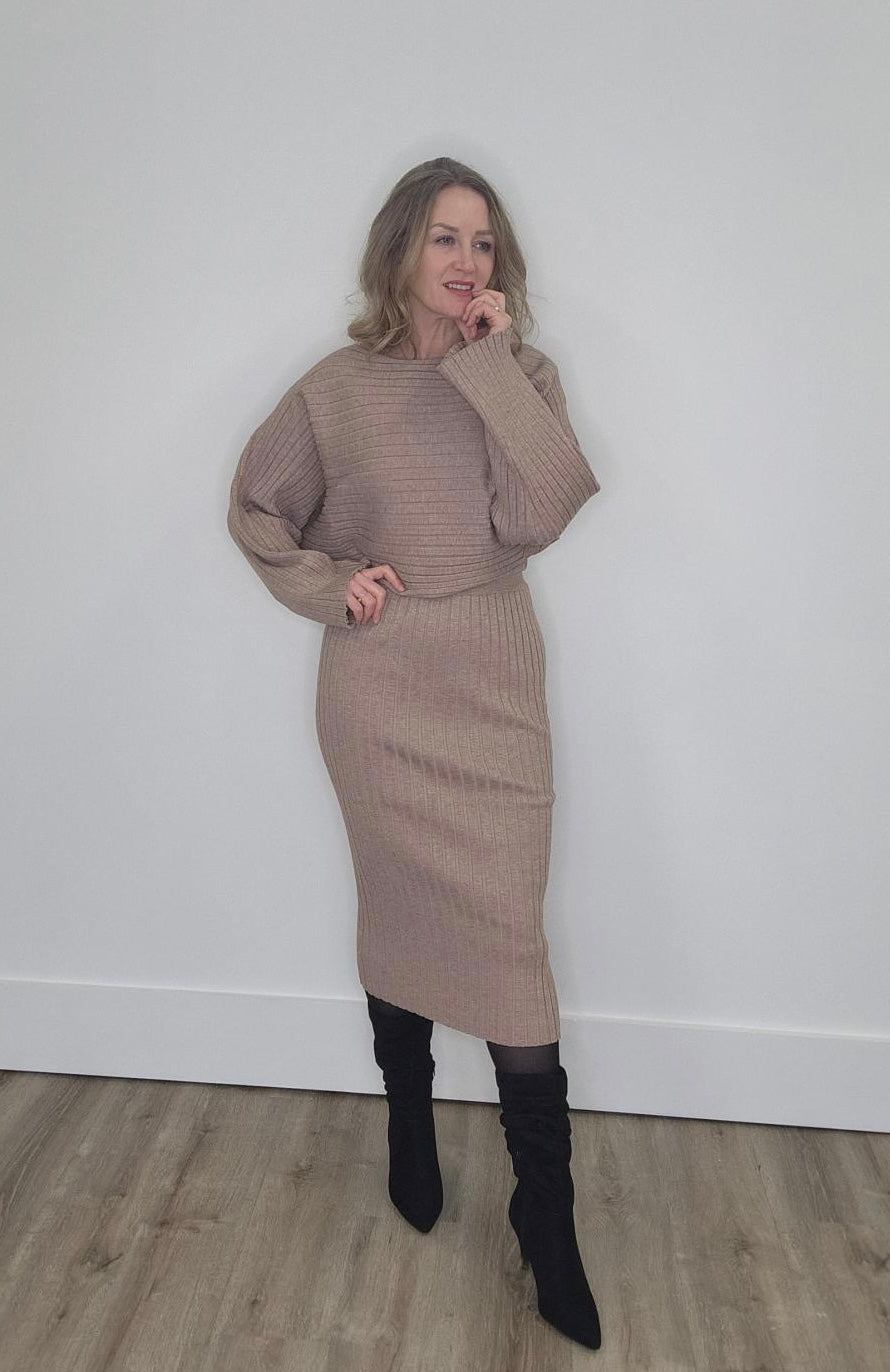Ribbed Skirt and Sweater Set - Latte & Black-Skirt- Hometown Style HTS, women's in store and online boutique located in Ingersoll, Ontario