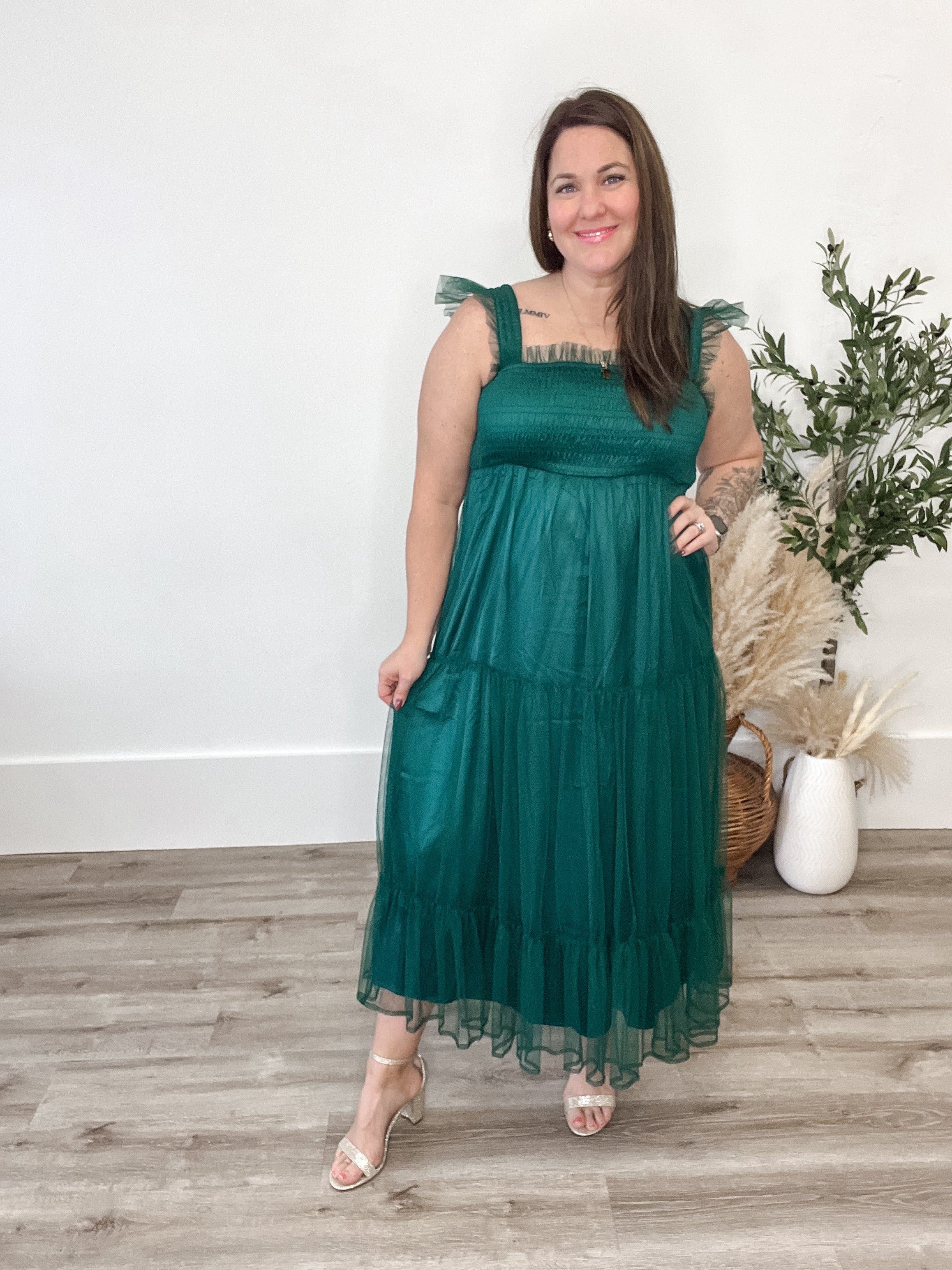 Organza Tiered Midi Dress - Teal Green-dress- Hometown Style HTS, women's in store and online boutique located in Ingersoll, Ontario