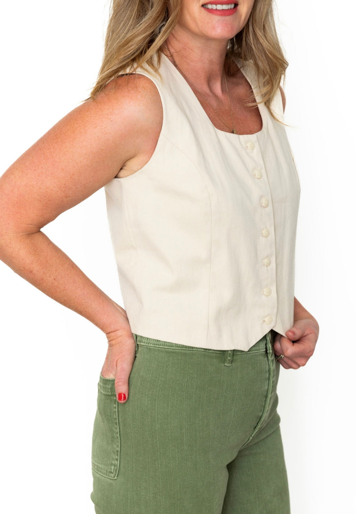 Cotton Button Up Vest - Ecru-vest- Hometown Style HTS, women's in store and online boutique located in Ingersoll, Ontario