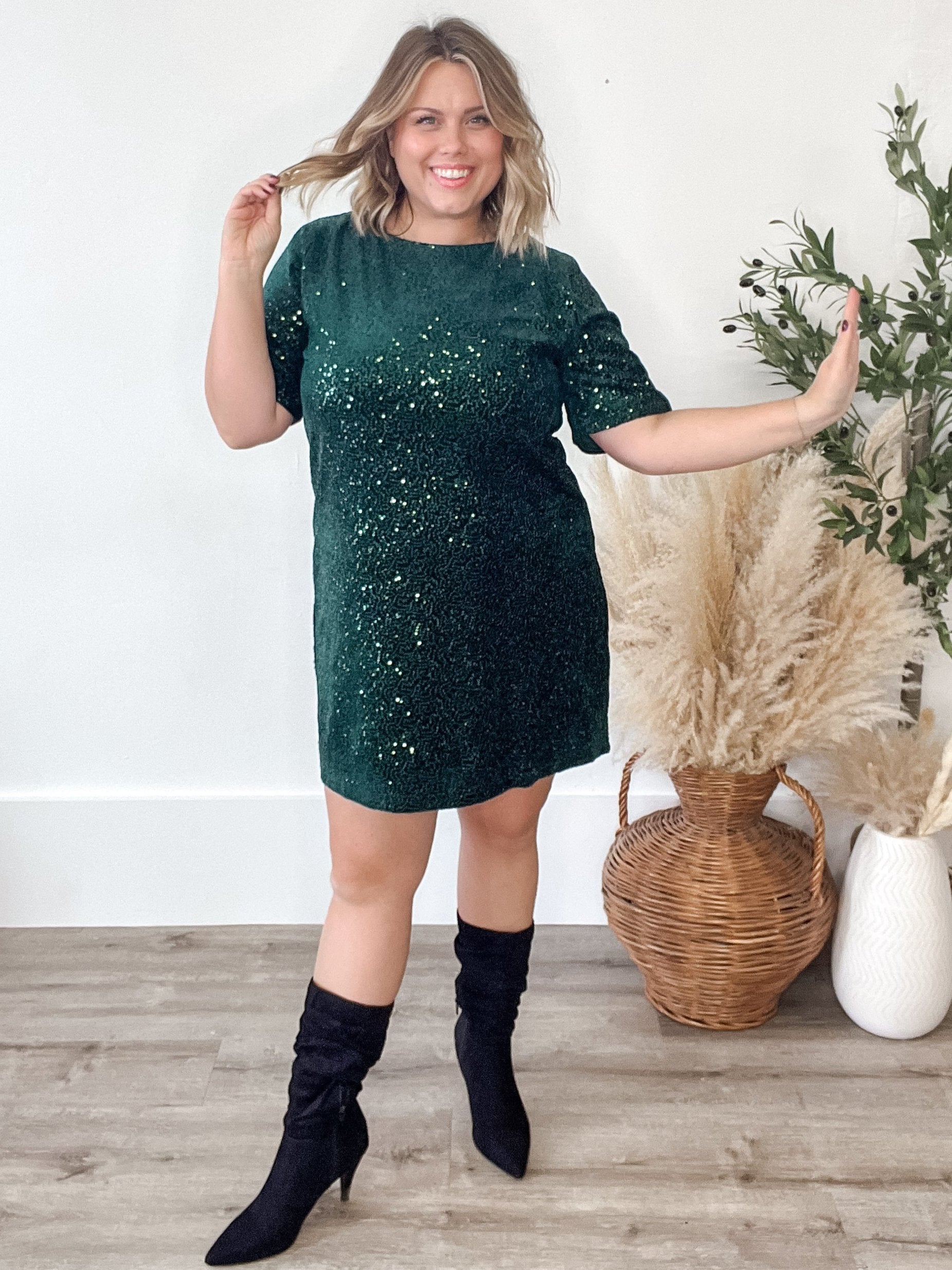 Sequin Open Back Mini Dress - Green-dress- Hometown Style HTS, women's in store and online boutique located in Ingersoll, Ontario