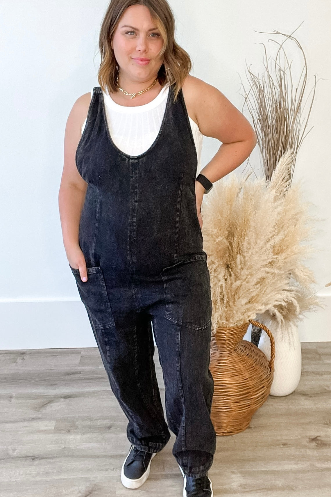 Mineral Washed Scoop Neck Jumpsuit - Ash Black-Jumpsuits & Rompers- Hometown Style HTS, women's in store and online boutique located in Ingersoll, Ontario