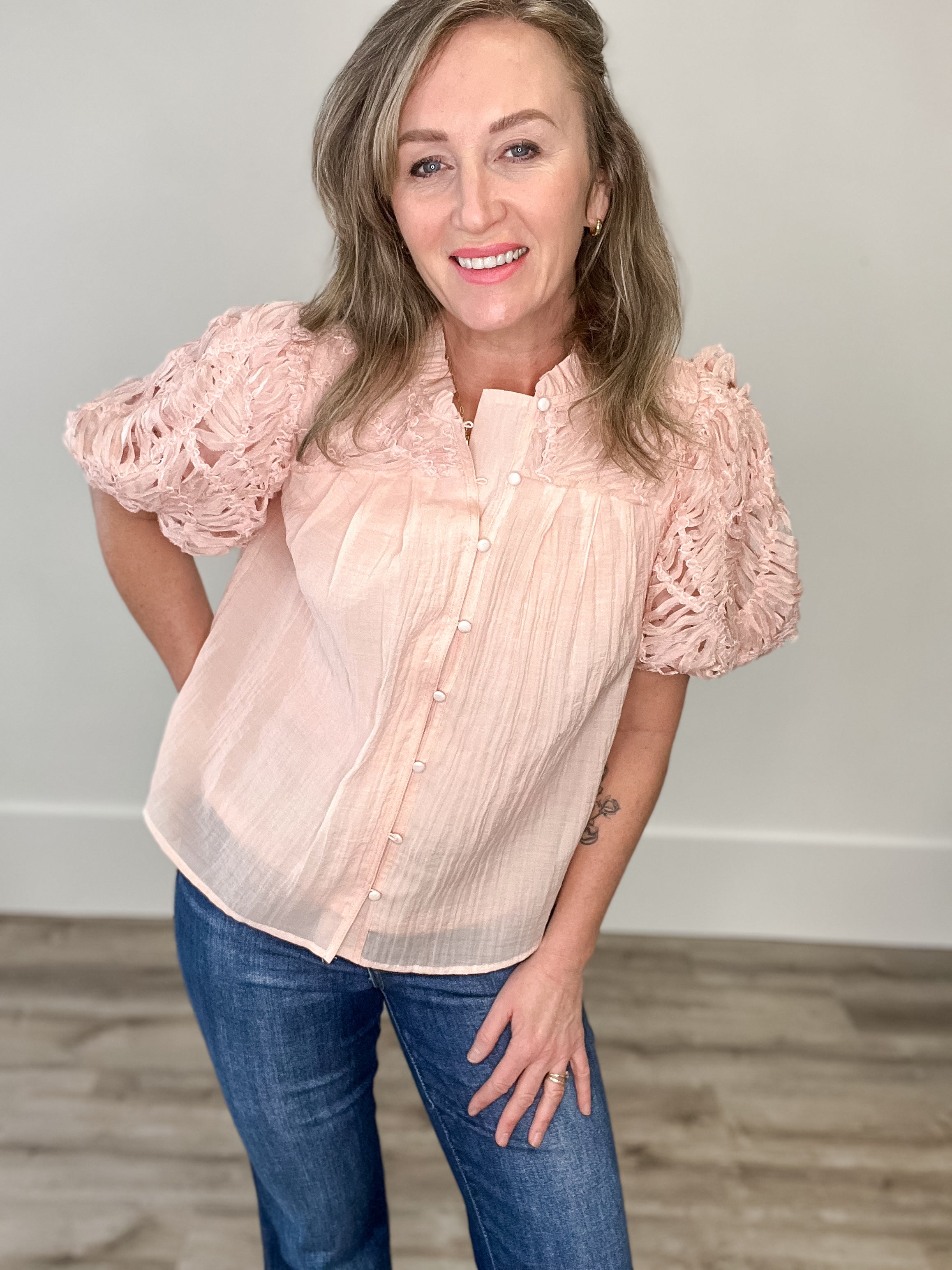 Textured Button Front Blouse - Pink-tops- Hometown Style HTS, women's in store and online boutique located in Ingersoll, Ontario