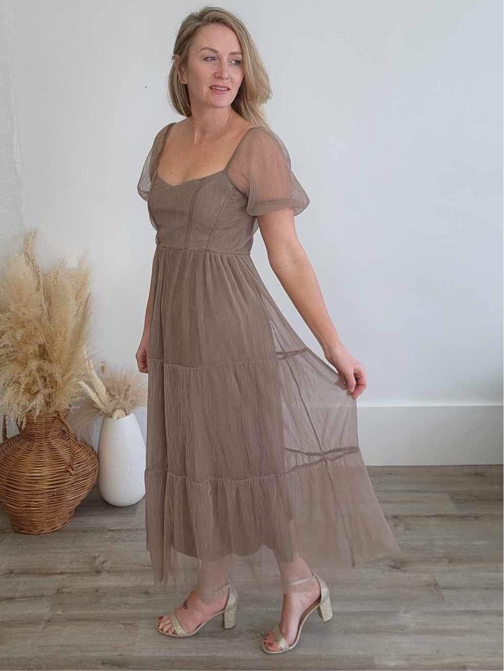 Organza Puff Sleeve Midi Dress - Mocha-dress- Hometown Style HTS, women's in store and online boutique located in Ingersoll, Ontario