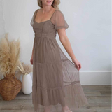 Organza Puff Sleeve Midi Dress - Mocha-dress- Hometown Style HTS, women's in store and online boutique located in Ingersoll, Ontario