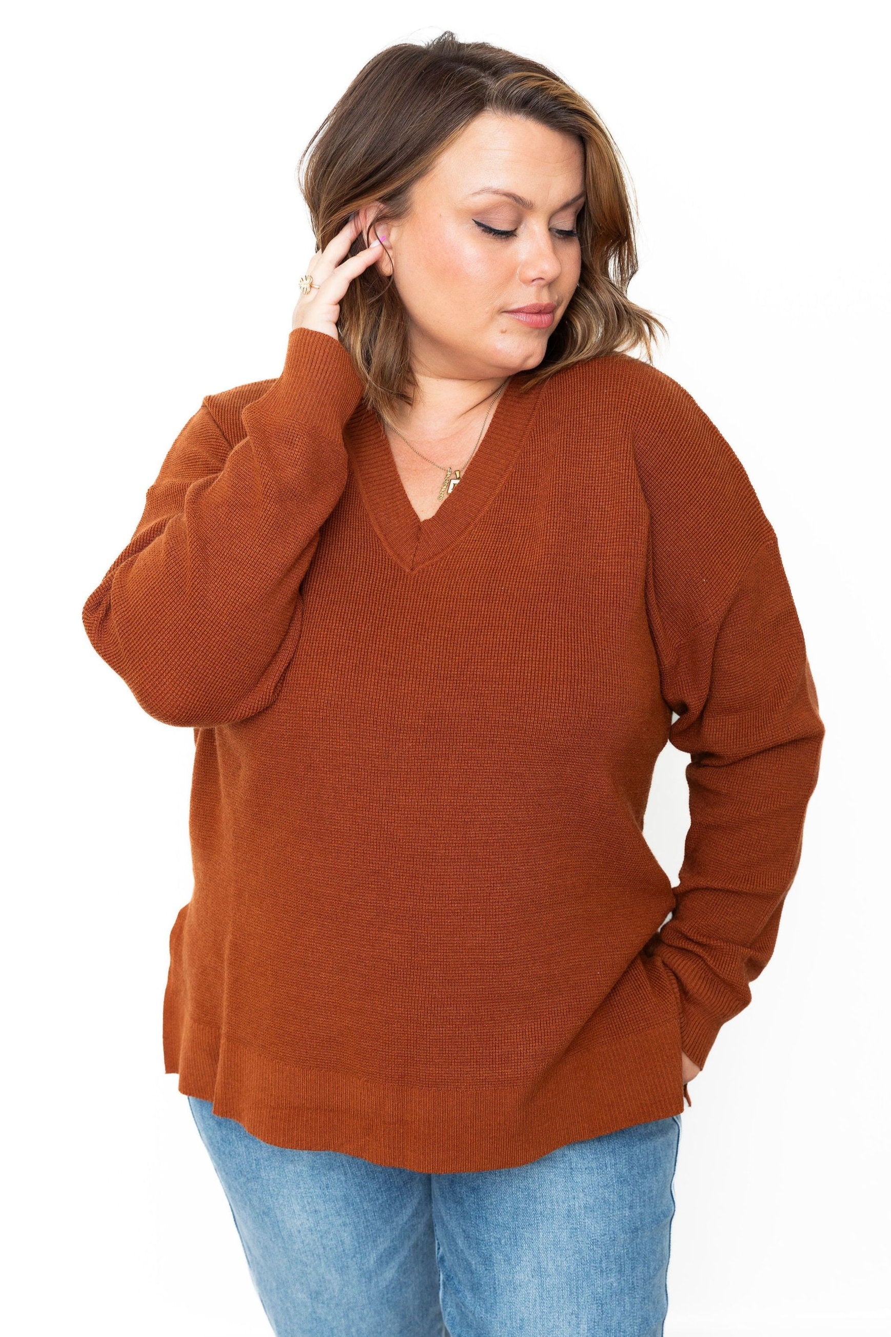 Waffle Knit Sweater - Brick-sweater- Hometown Style HTS, women's in store and online boutique located in Ingersoll, Ontario