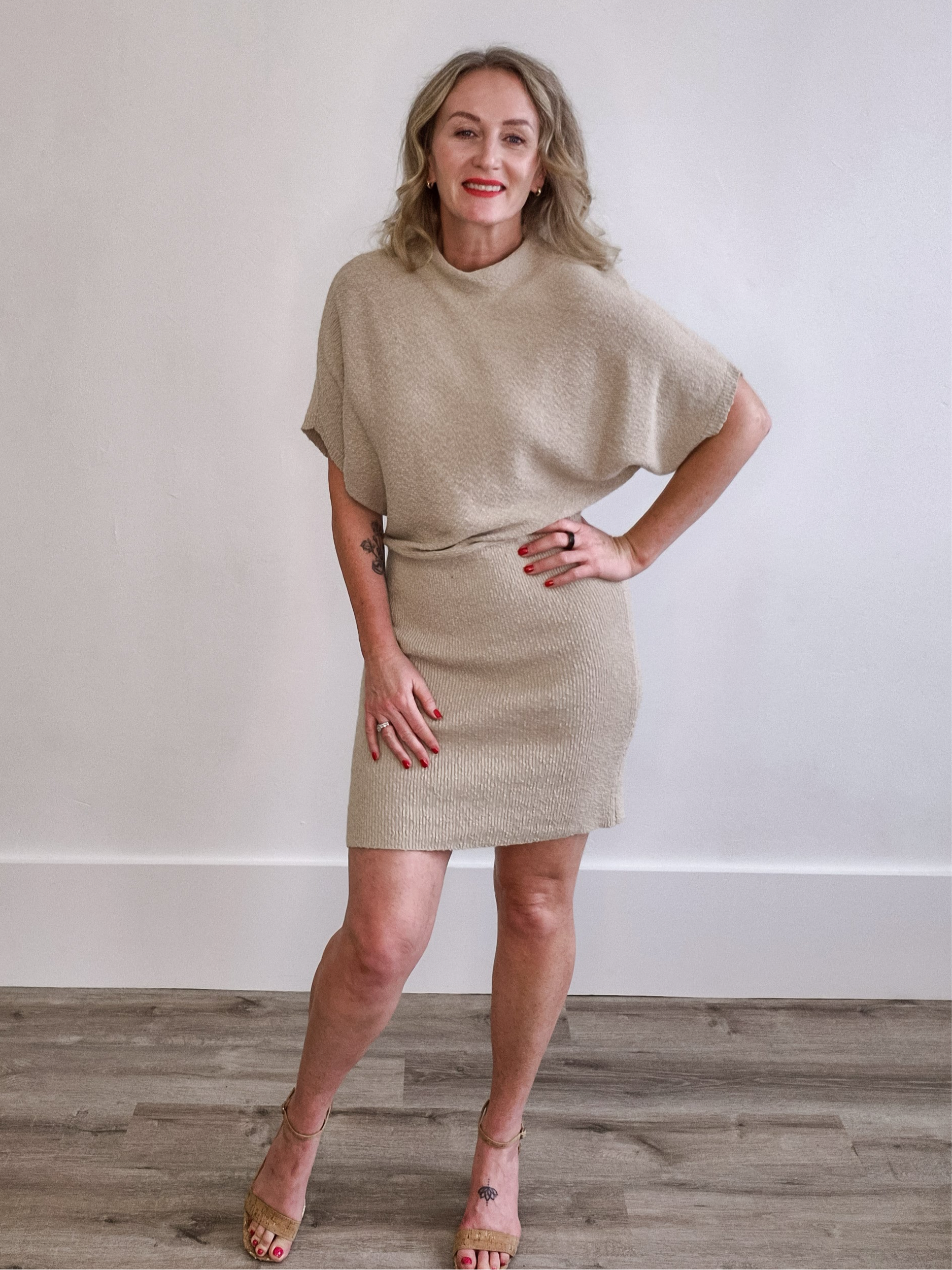 Dolman Sleeve, Knitted Mini Dress - Taupe-dress- Hometown Style HTS, women's in store and online boutique located in Ingersoll, Ontario