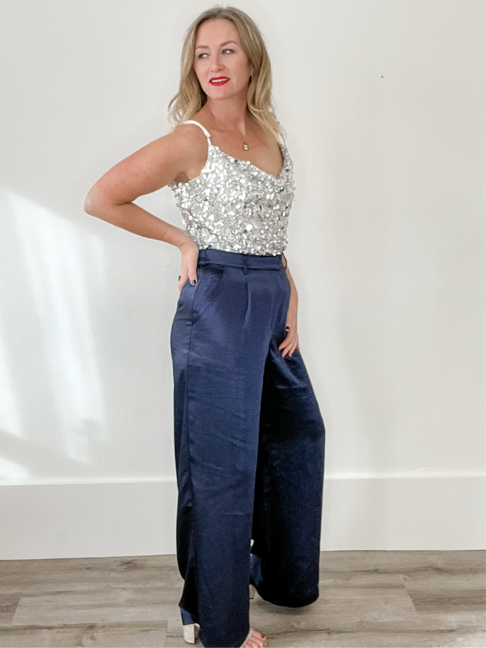 Satin Trousers - Navy-dress pants- Hometown Style HTS, women's in store and online boutique located in Ingersoll, Ontario