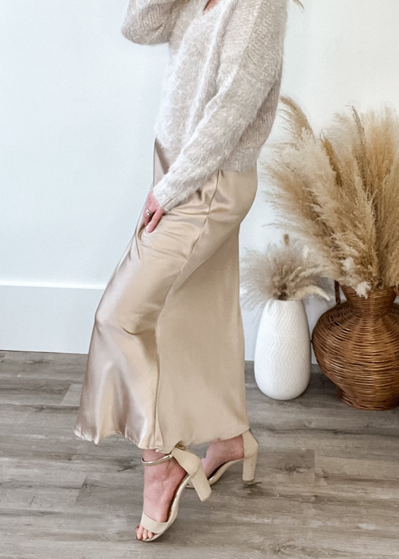 Satin Midi Skirt - Champagne- Hometown Style HTS, women's in store and online boutique located in Ingersoll, Ontario