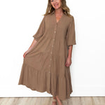 Button Down Tiered Midi Dress - Taupe-Dress- Hometown Style HTS, women's in store and online boutique located in Ingersoll, Ontario