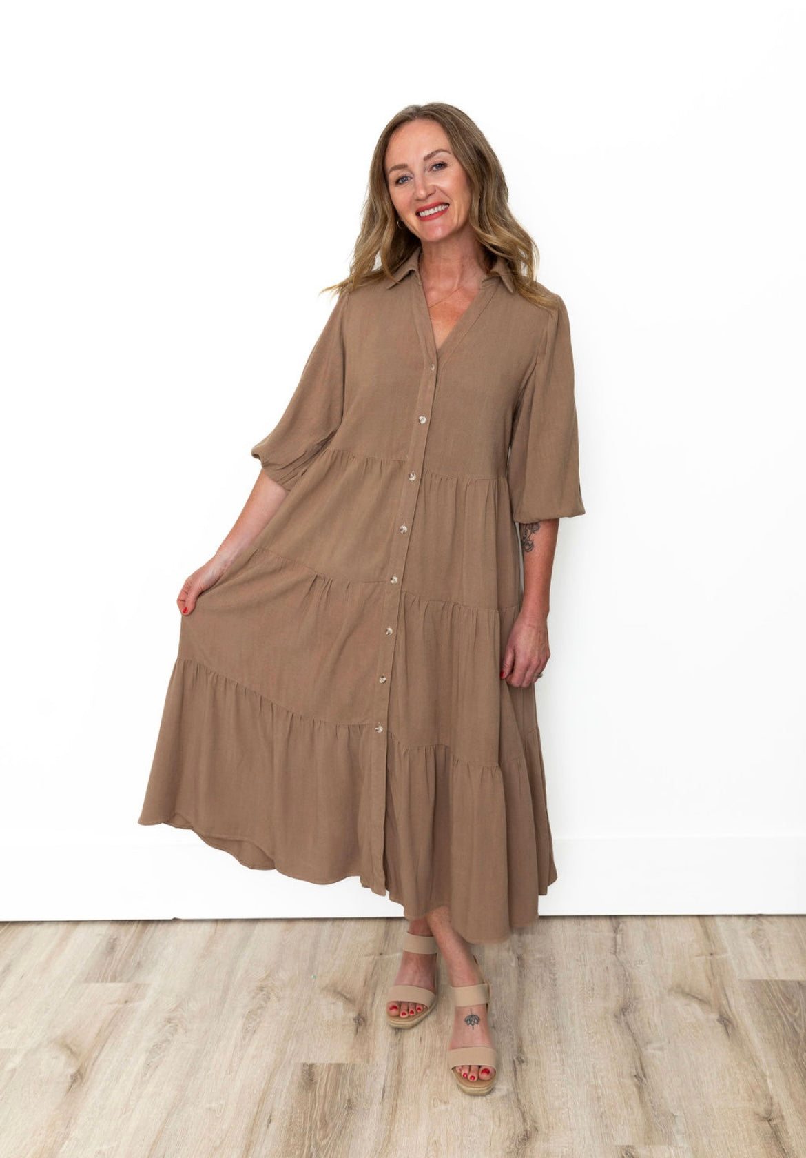 Button Down Tiered Midi Dress - Taupe-Dress- Hometown Style HTS, women's in store and online boutique located in Ingersoll, Ontario