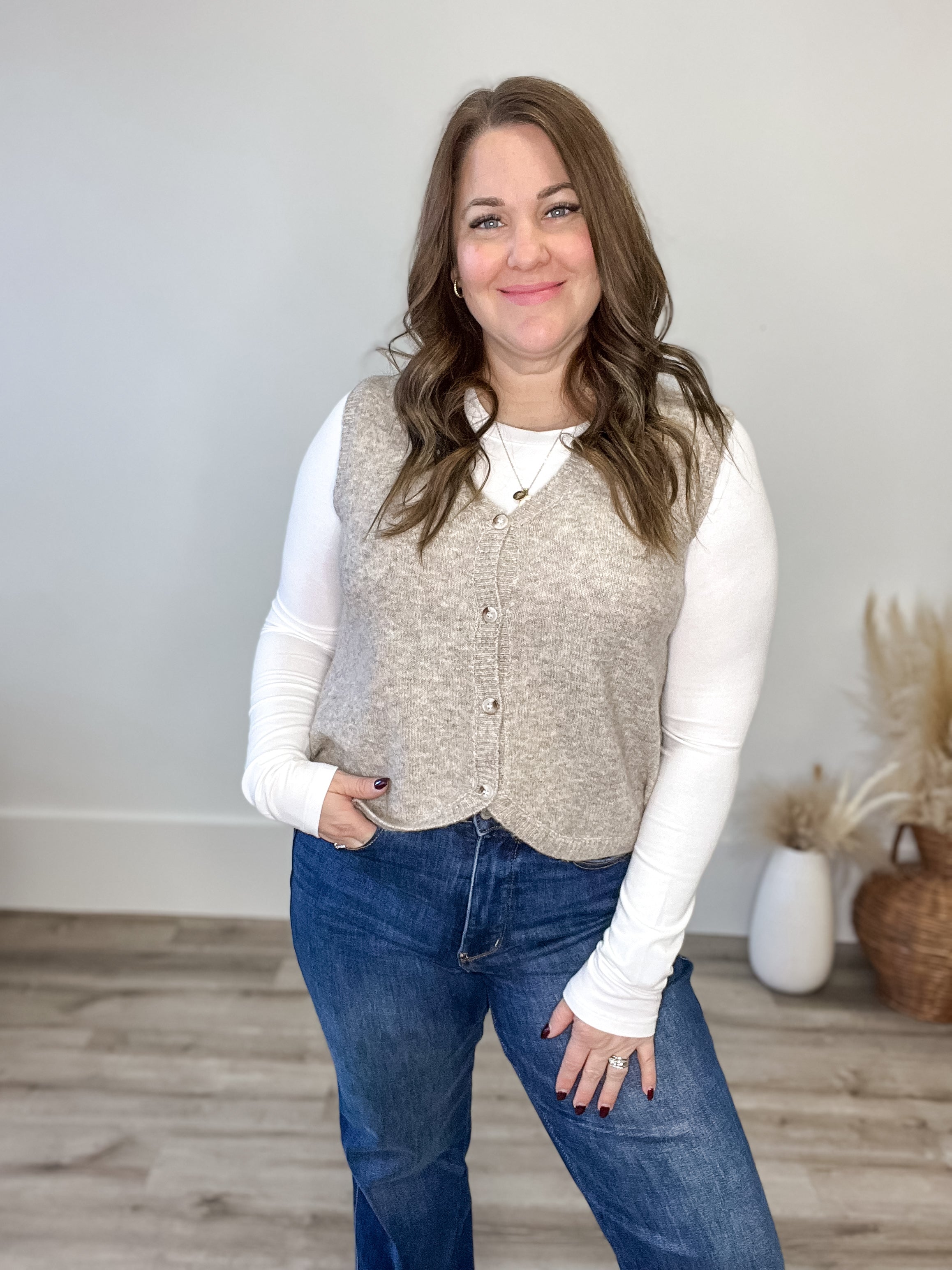 Brushed Button Up Sweater Vest - Taupe-vest- Hometown Style HTS, women's in store and online boutique located in Ingersoll, Ontario