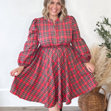 Long Sleeve Woven Plaid Dress - Red-Dress- Hometown Style HTS, women's in store and online boutique located in Ingersoll, Ontario