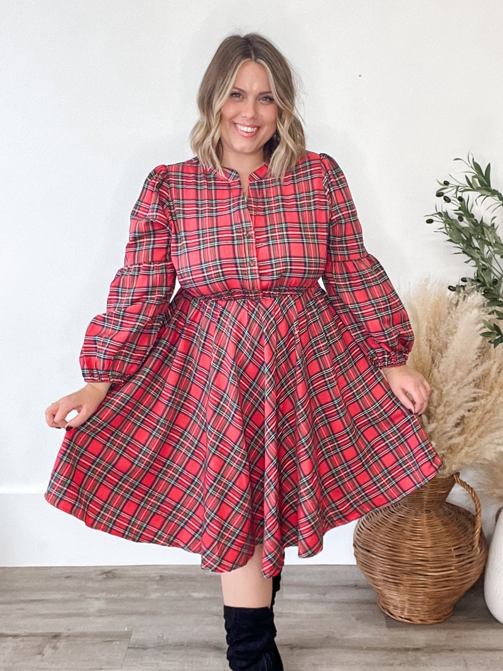 Long Sleeve Woven Plaid Dress - Red-Dress- Hometown Style HTS, women's in store and online boutique located in Ingersoll, Ontario