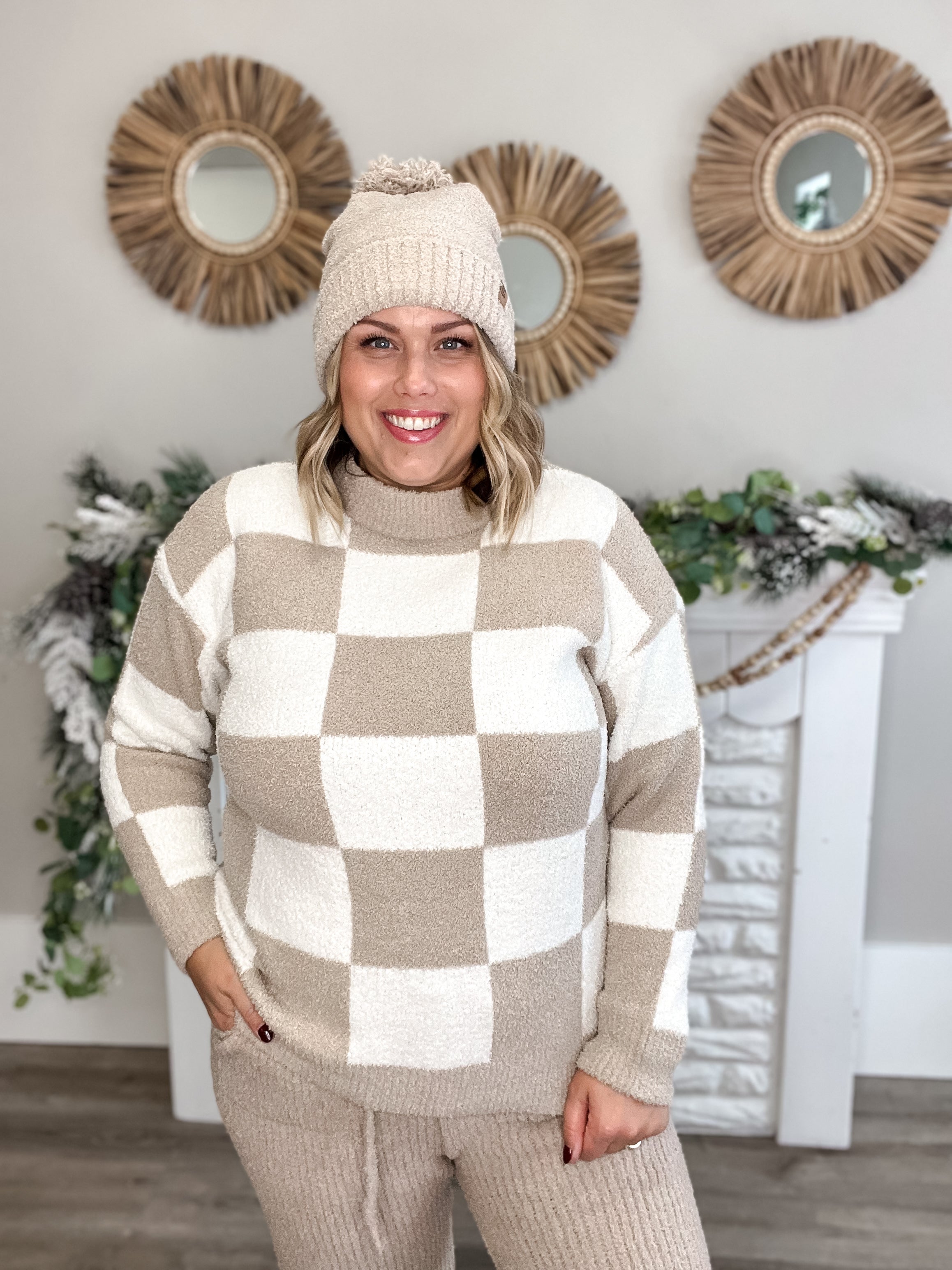 Checkered Crew Sweater - Beige-Sweater- Hometown Style HTS, women's in store and online boutique located in Ingersoll, Ontario