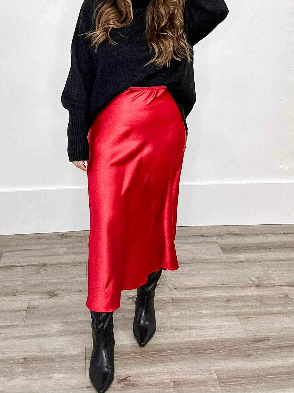 Satin Midi Skirt - Red-Skirt- Hometown Style HTS, women's in store and online boutique located in Ingersoll, Ontario