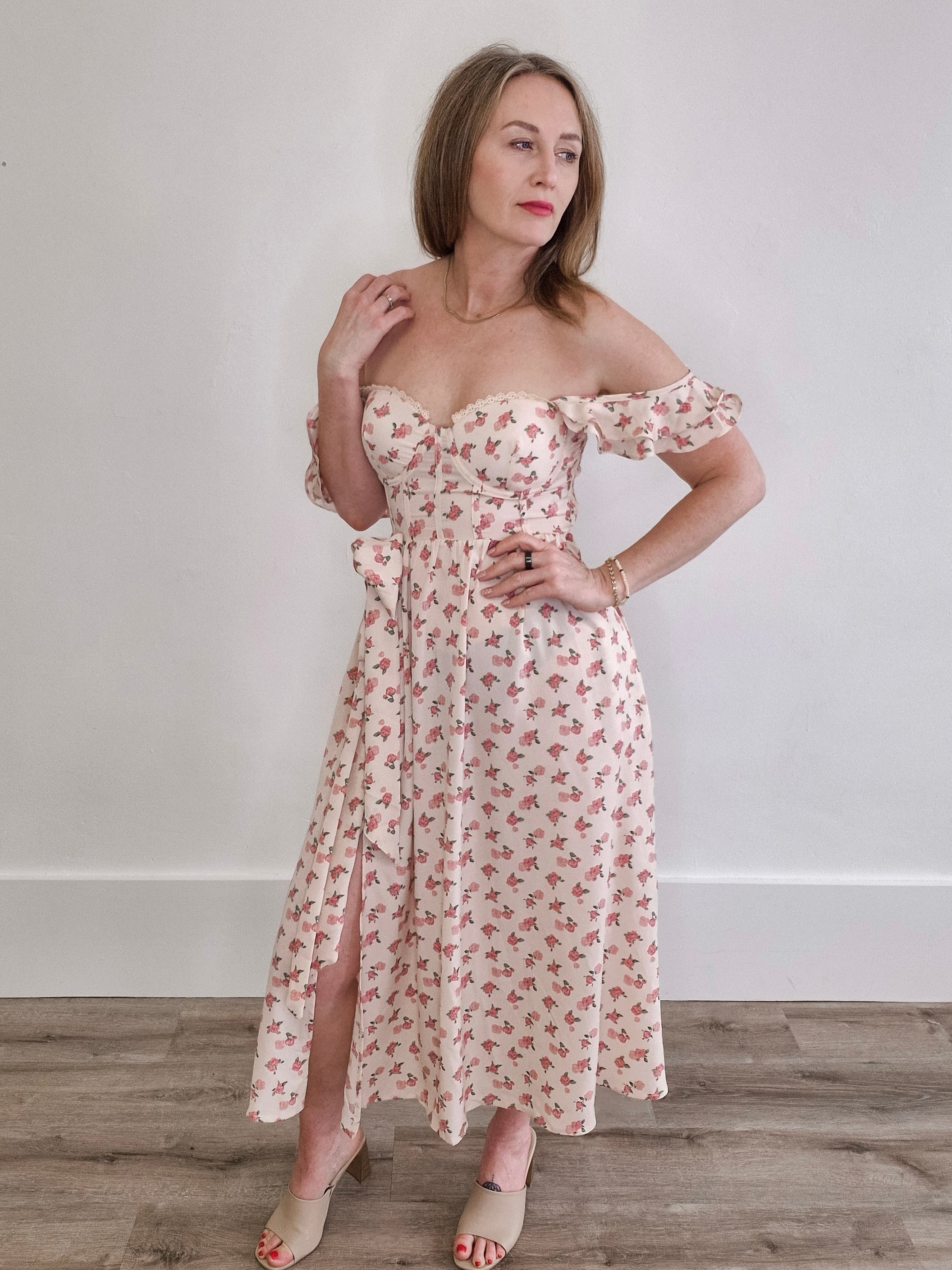 Floral Print Sweetheart Midi Dress with Bow-Special Occasion Dresses- Hometown Style HTS, women's in store and online boutique located in Ingersoll, Ontario