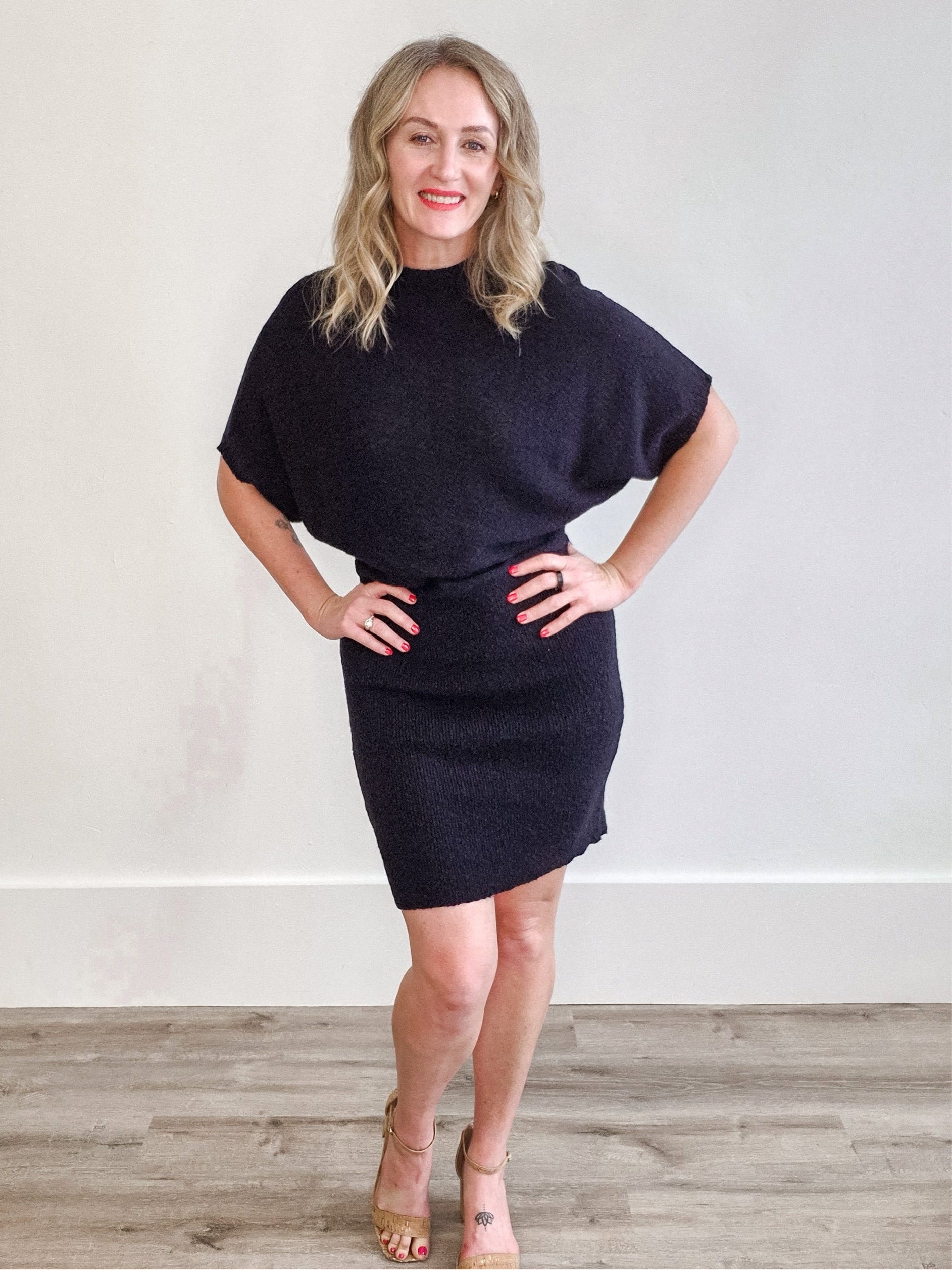 Dolman Sleeve, Knitted Mini Dress - Black-dress- Hometown Style HTS, women's in store and online boutique located in Ingersoll, Ontario