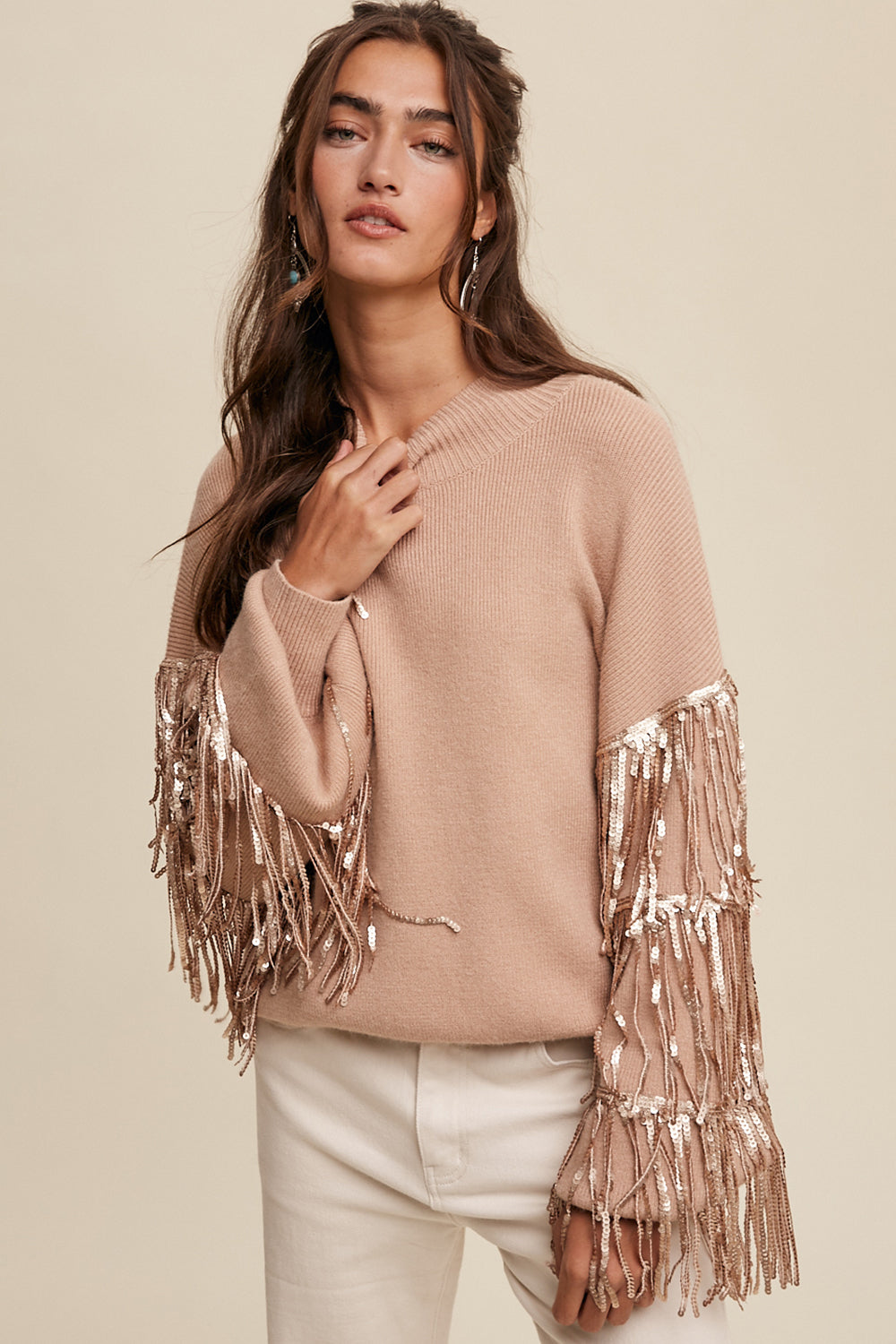 Fringe Sequin Sleeve Sweater - Coco-Sweater- Hometown Style HTS, women's in store and online boutique located in Ingersoll, Ontario