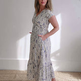 Floral Cinch-Front Midi Dress - White/Blue-dresses- Hometown Style HTS, women's in store and online boutique located in Ingersoll, Ontario