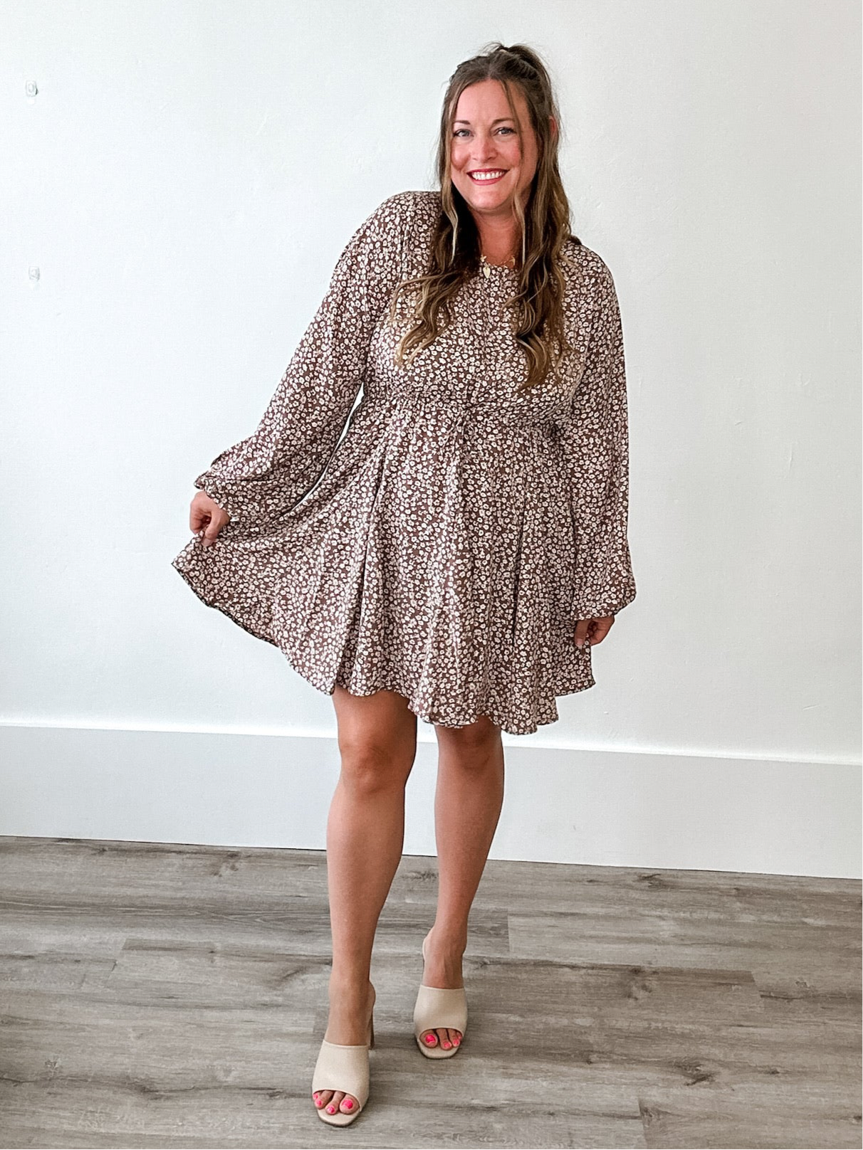 Floral Drawstring Dress - Brown-dress- Hometown Style HTS, women's in store and online boutique located in Ingersoll, Ontario