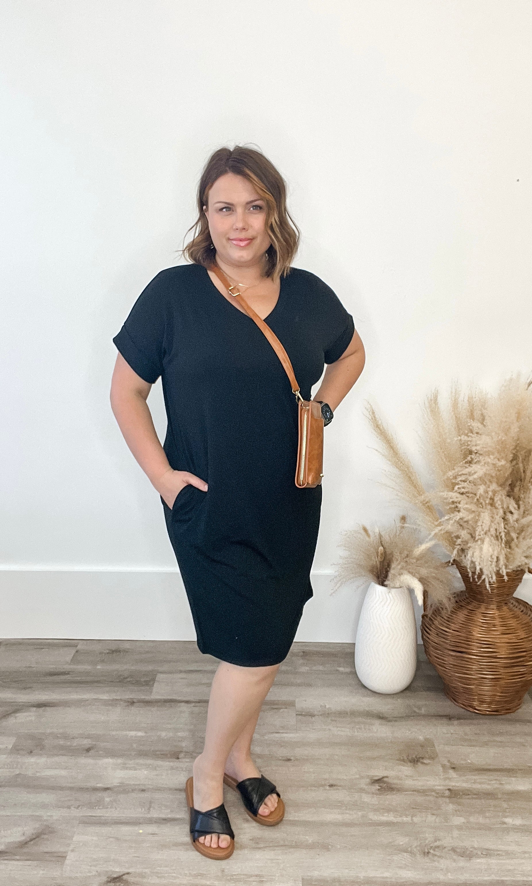 Short Sleeve, V neck Dress - Black-Dress- Hometown Style HTS, women's in store and online boutique located in Ingersoll, Ontario
