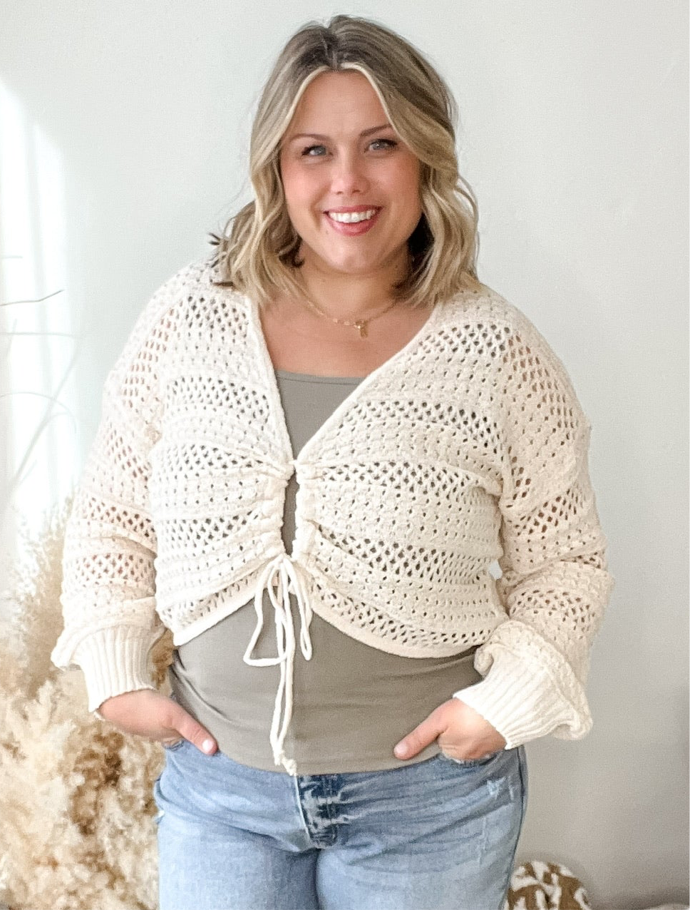 Crochet Front Tie Sweater - Ivory-Sweater- Hometown Style HTS, women's in store and online boutique located in Ingersoll, Ontario