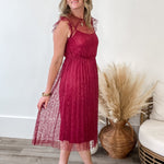 Floral Lace Pleated Midi Dress - Wine-dress- Hometown Style HTS, women's in store and online boutique located in Ingersoll, Ontario