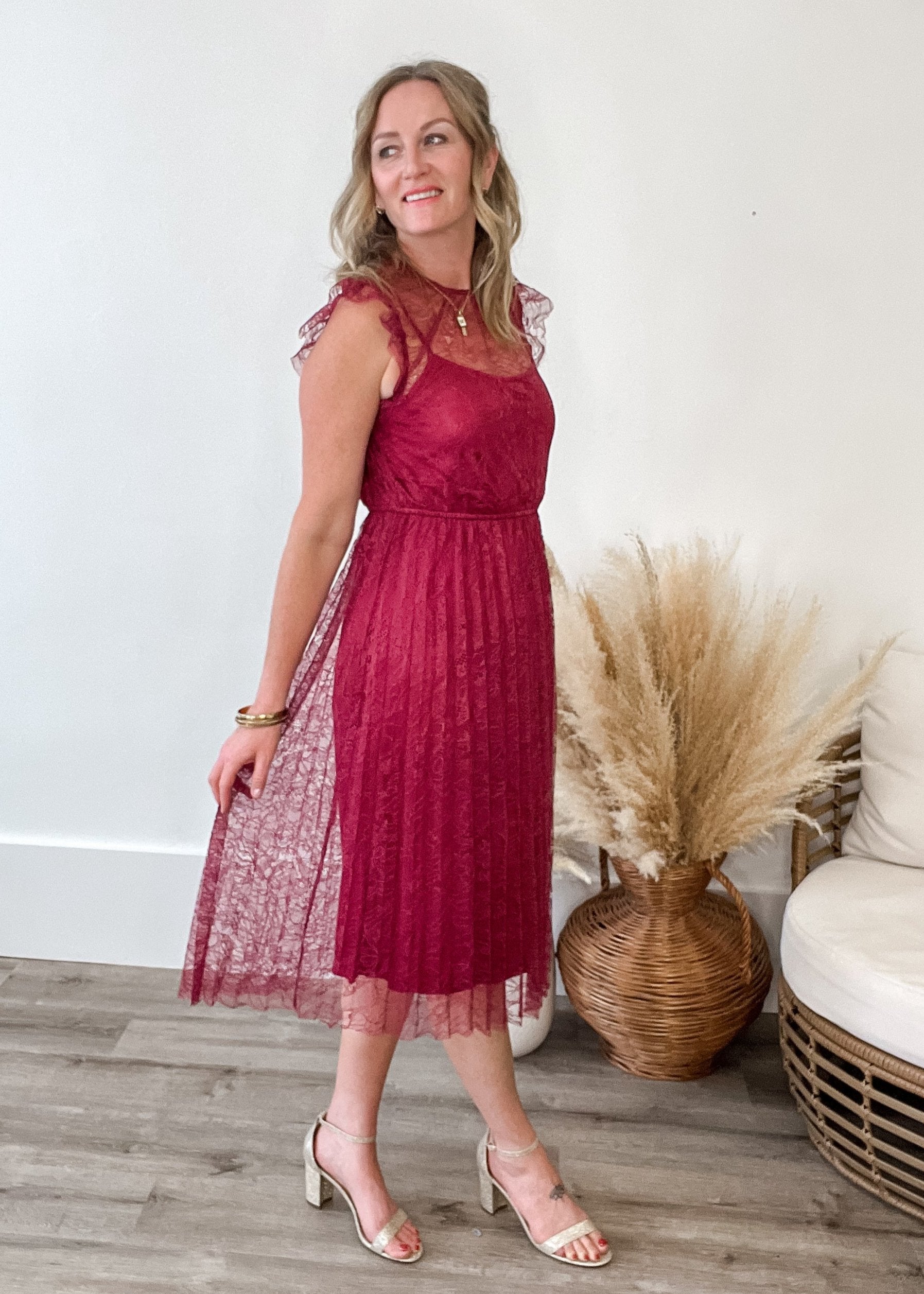 Floral Lace Pleated Midi Dress - Wine-dress- Hometown Style HTS, women's in store and online boutique located in Ingersoll, Ontario