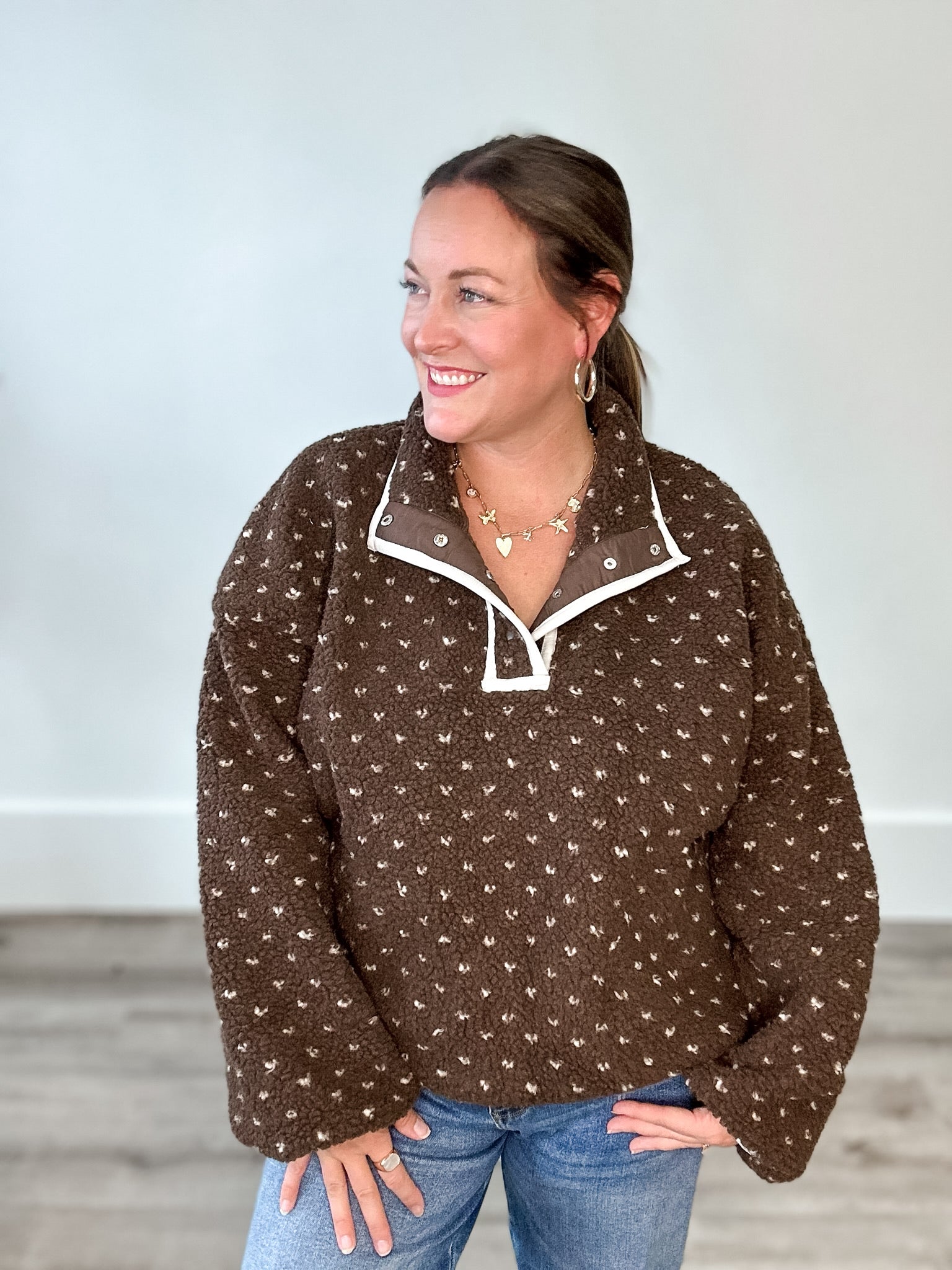 Heart Sherpa Fleece Pullover Jacket - Brown-Sweater- Hometown Style HTS, women's in store and online boutique located in Ingersoll, Ontario