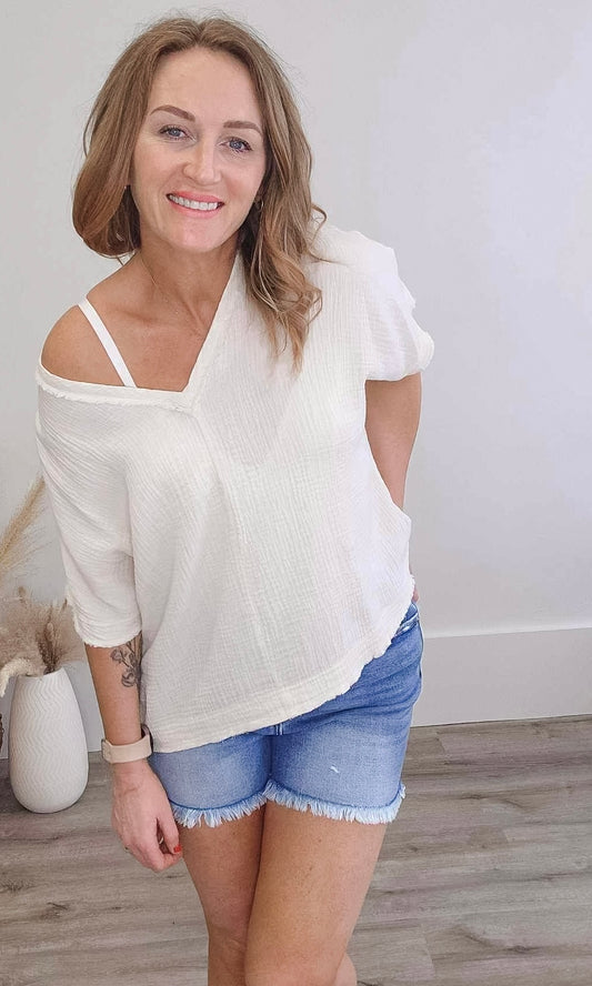 Oversized Cotton Gauze Top - Cream-Shirts & Tops- Hometown Style HTS, women's in store and online boutique located in Ingersoll, Ontario
