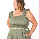 Ruffle detail, Midi Dress - Olive-Dress- Hometown Style HTS, women's in store and online boutique located in Ingersoll, Ontario