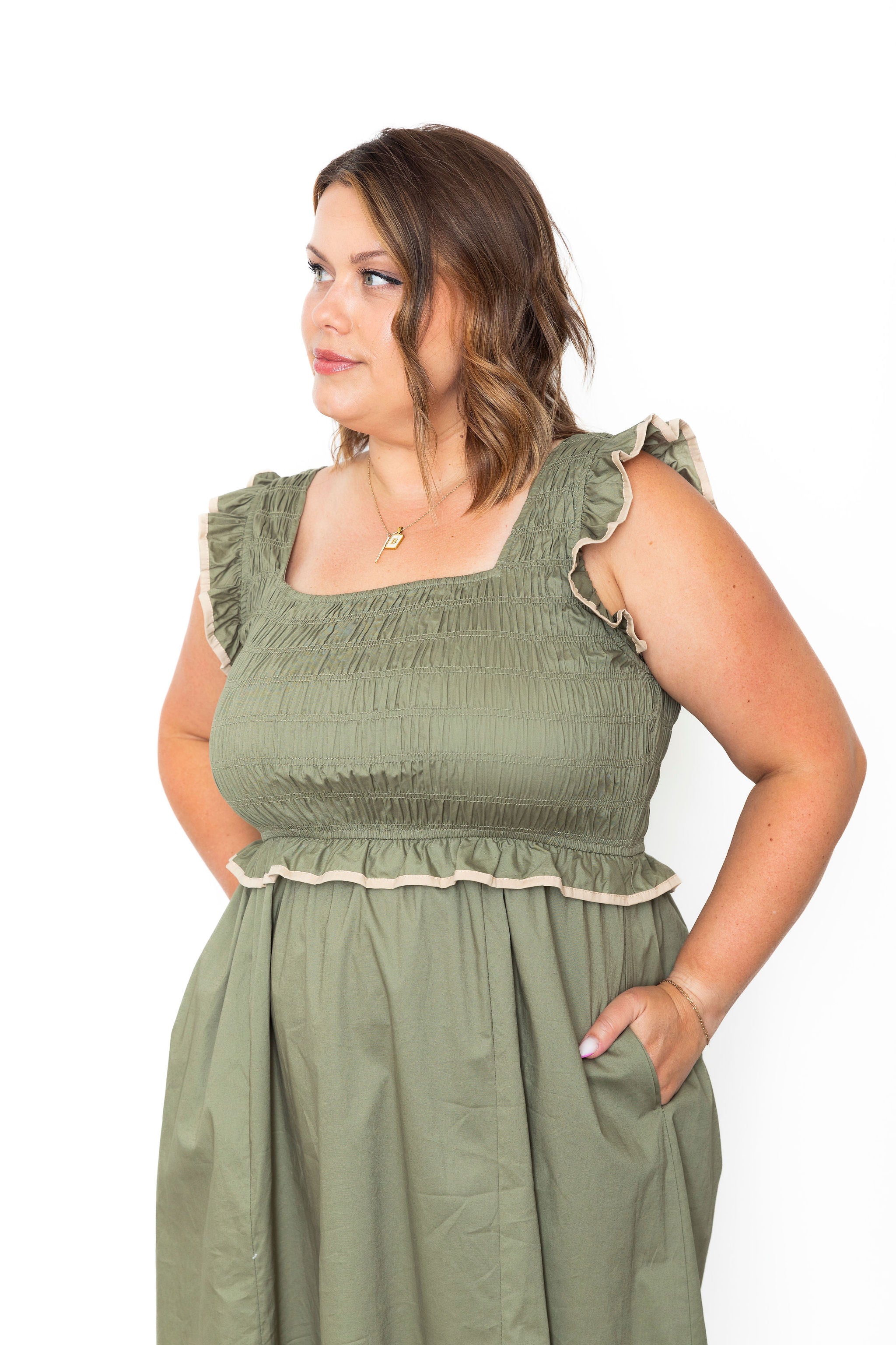 Ruffle detail, Midi Dress - Olive-Dress- Hometown Style HTS, women's in store and online boutique located in Ingersoll, Ontario