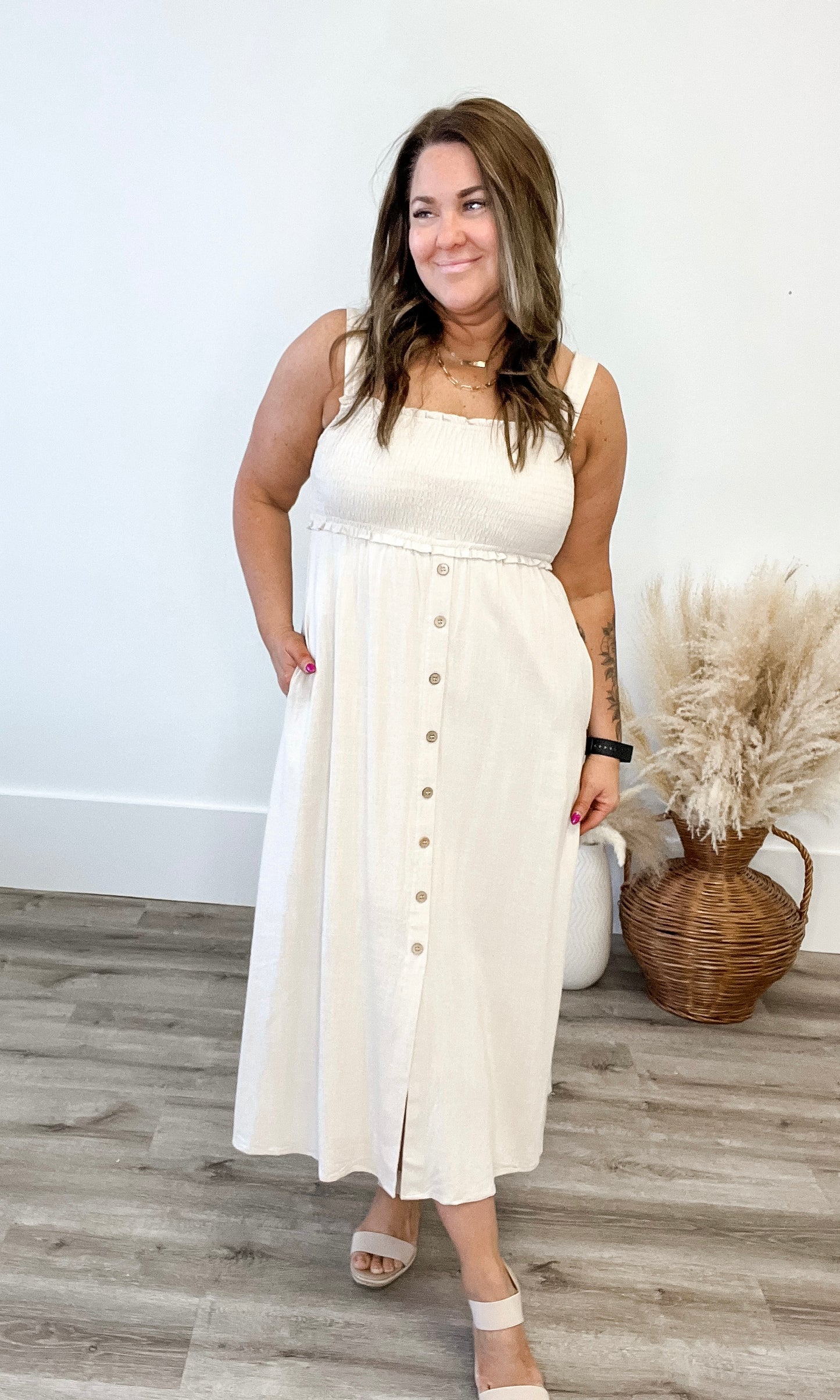 Smocked Linen Midi Dress - Natural-Dresses- Hometown Style HTS, women's in store and online boutique located in Ingersoll, Ontario