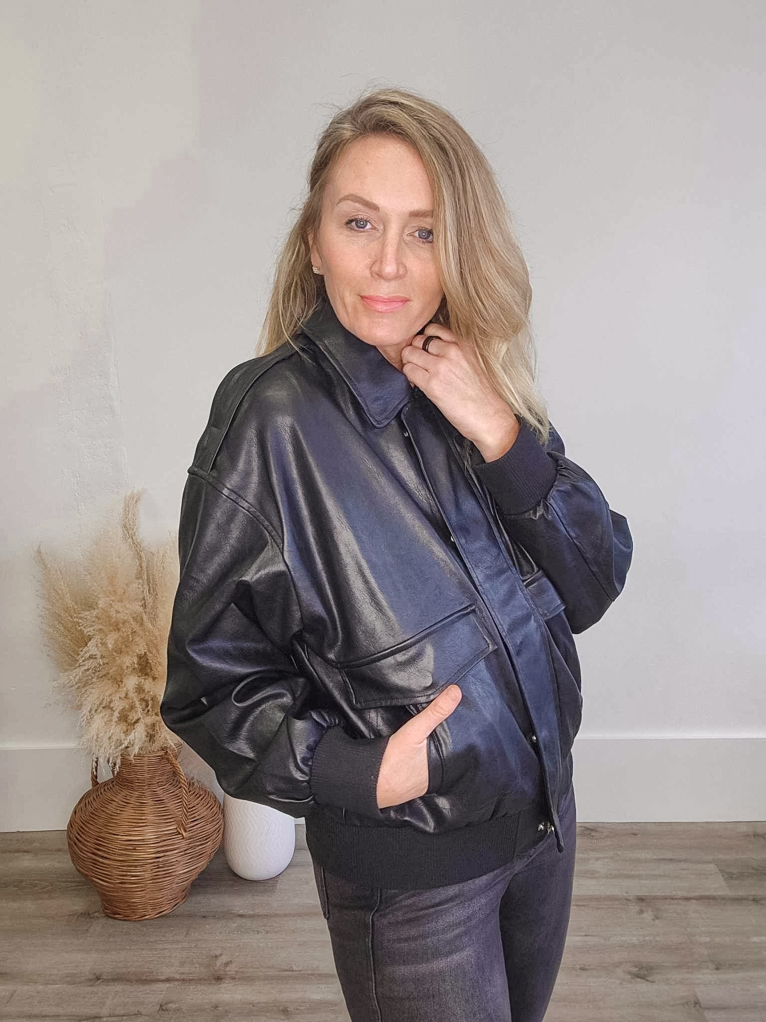 Faux Leather Bomber Jacket - Black-Coats & Jackets- Hometown Style HTS, women's in store and online boutique located in Ingersoll, Ontario