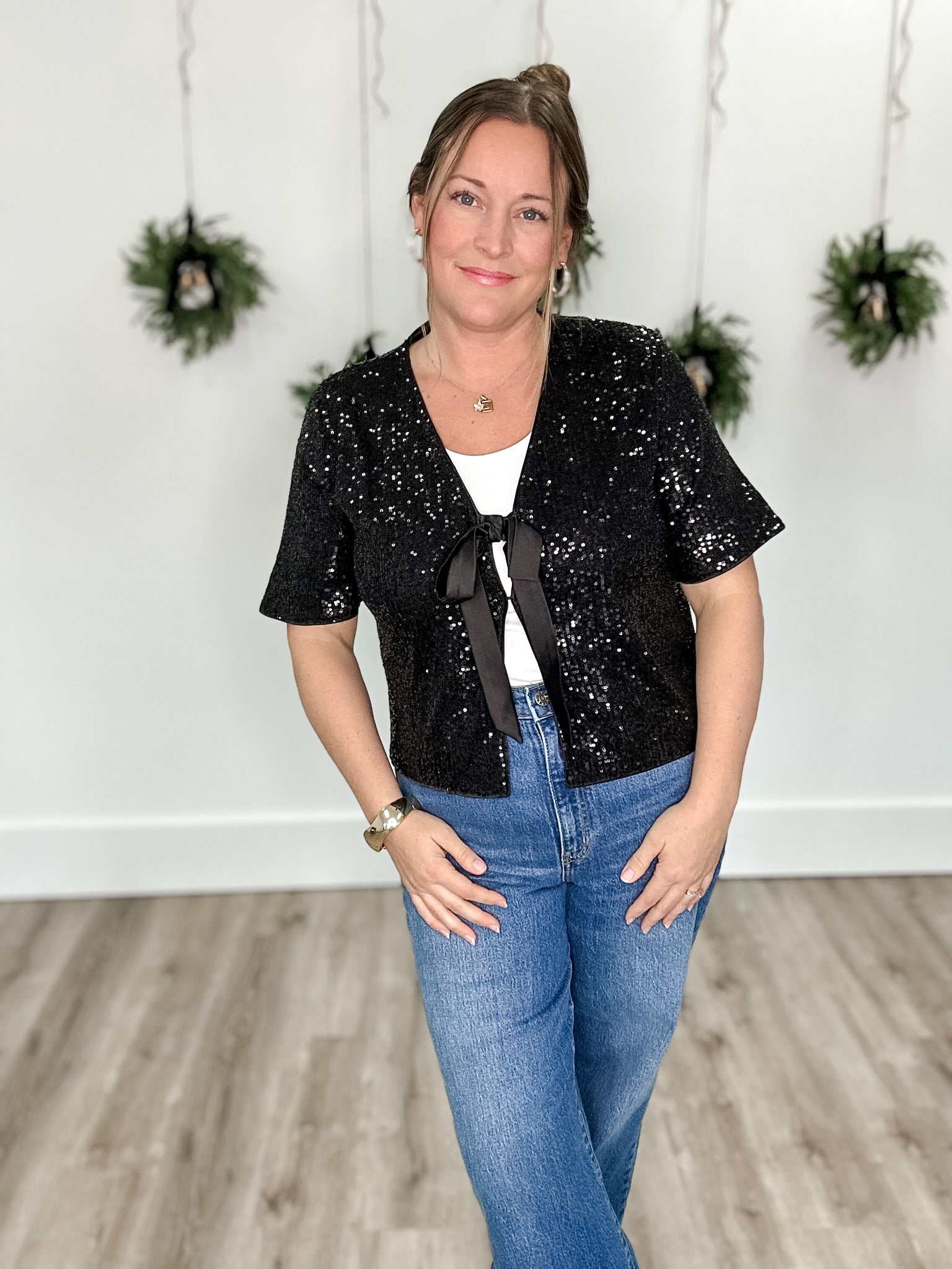 Sequin Bow Detail Top - Black-Blouses- Hometown Style HTS, women's in store and online boutique located in Ingersoll, Ontario