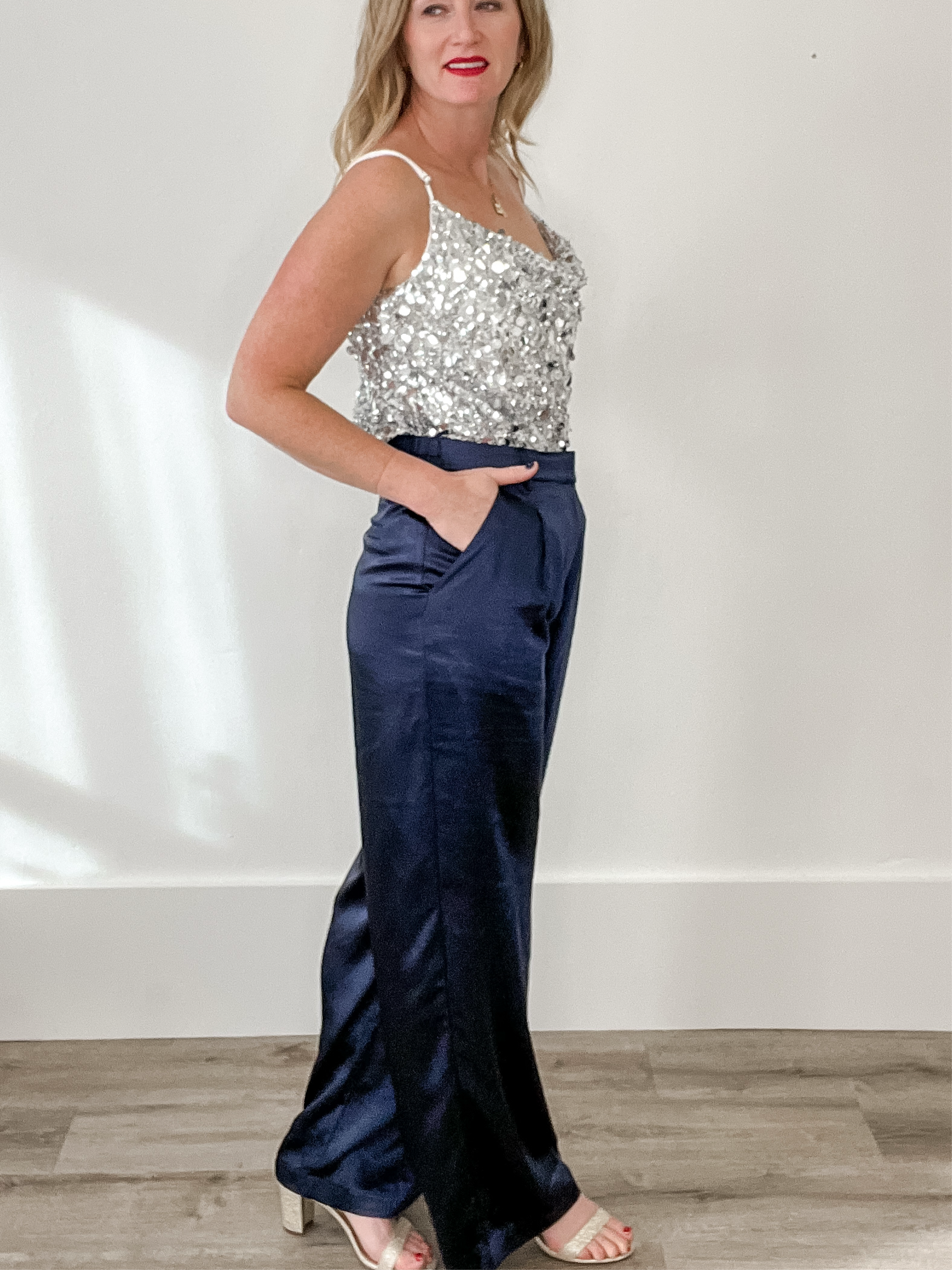 Satin Trousers - Navy-dress pants- Hometown Style HTS, women's in store and online boutique located in Ingersoll, Ontario