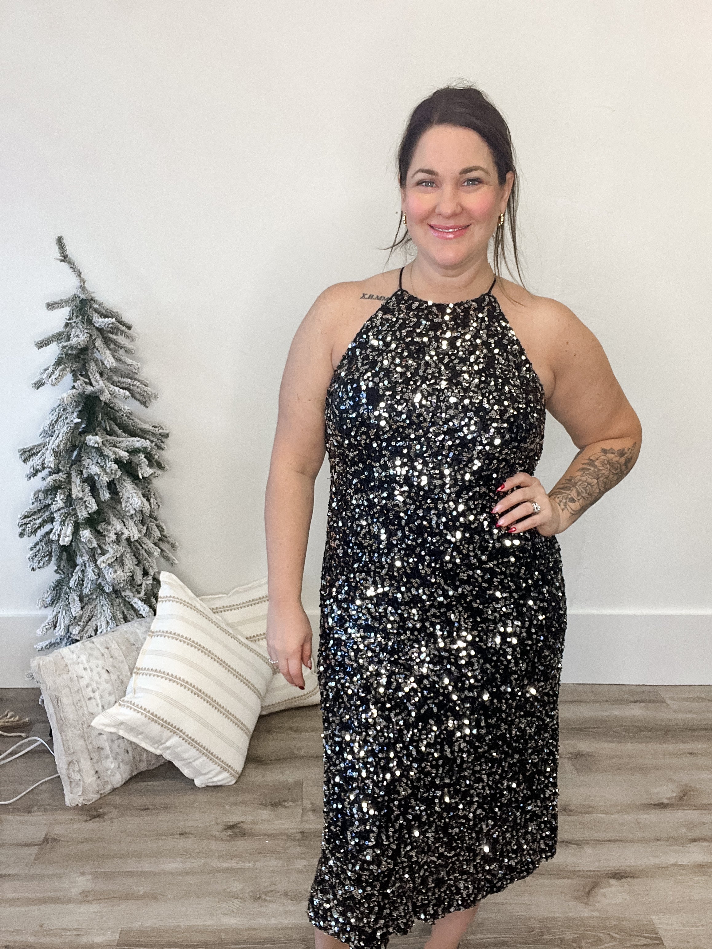 Sequin Halter Dress - Black-dress- Hometown Style HTS, women's in store and online boutique located in Ingersoll, Ontario