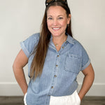 Cuff Sleeve Button Up - Denim-casual shirt- Hometown Style HTS, women's in store and online boutique located in Ingersoll, Ontario
